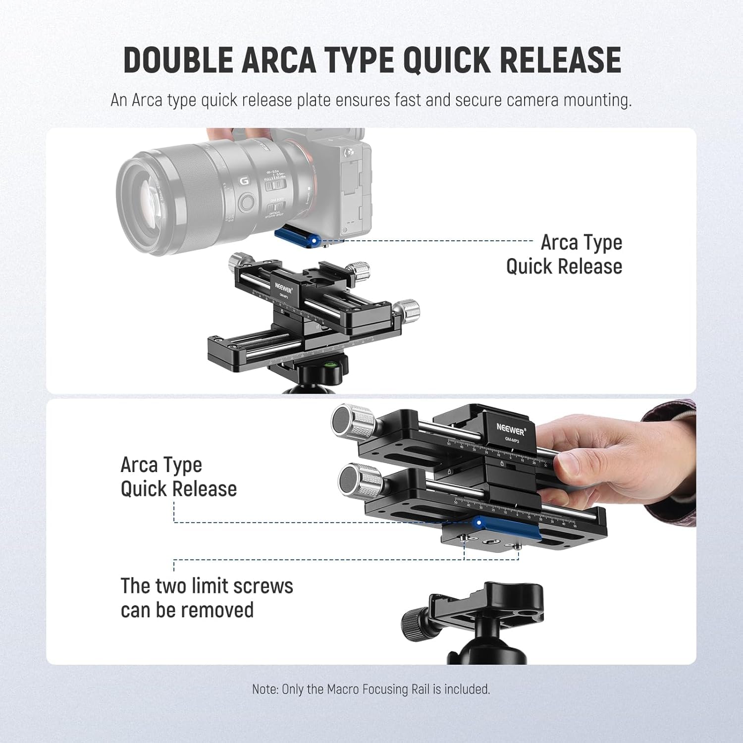 NEEWER Rail de Mise au Point Macro 4 Axes, Curseur de Rail Macro Rotatif à 360°en Alliage d'Aluminium avec Plaque de Dégagement Rapide de Type Acra et Vis 1/4" pour Caméra Caméscope Film,GM-MP3
