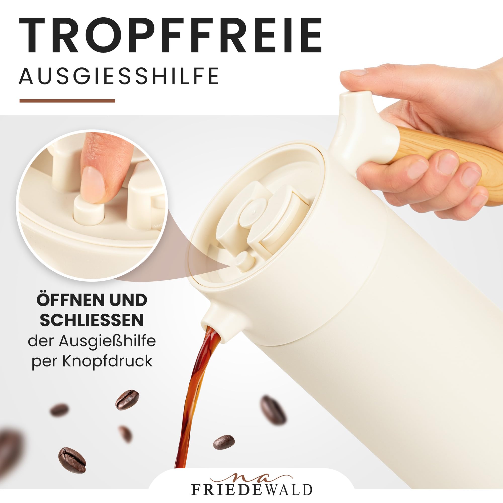 Friedewald® Thermo French Press - für Kaffee & Tee - 1L/8 Tassen - für Camping und Zuhause - doppelwandig isoliert - Französische Kaffeepresse - Österreichischer Edelstahl - 8h Thermo (Creme-Beige)