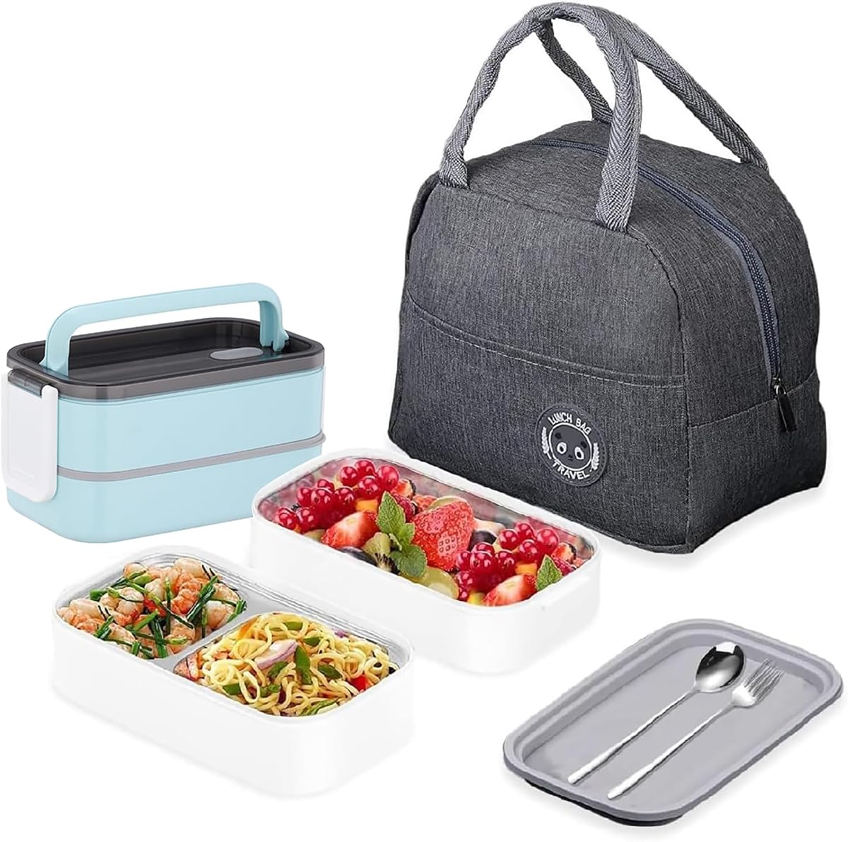 TAPIT Stainless Steel Lunch Box - Insulated Bento Box Multifunctional Containers Food Containers with 2 Compartments,Tableware, Nylon insulation bag (H02-Blue)