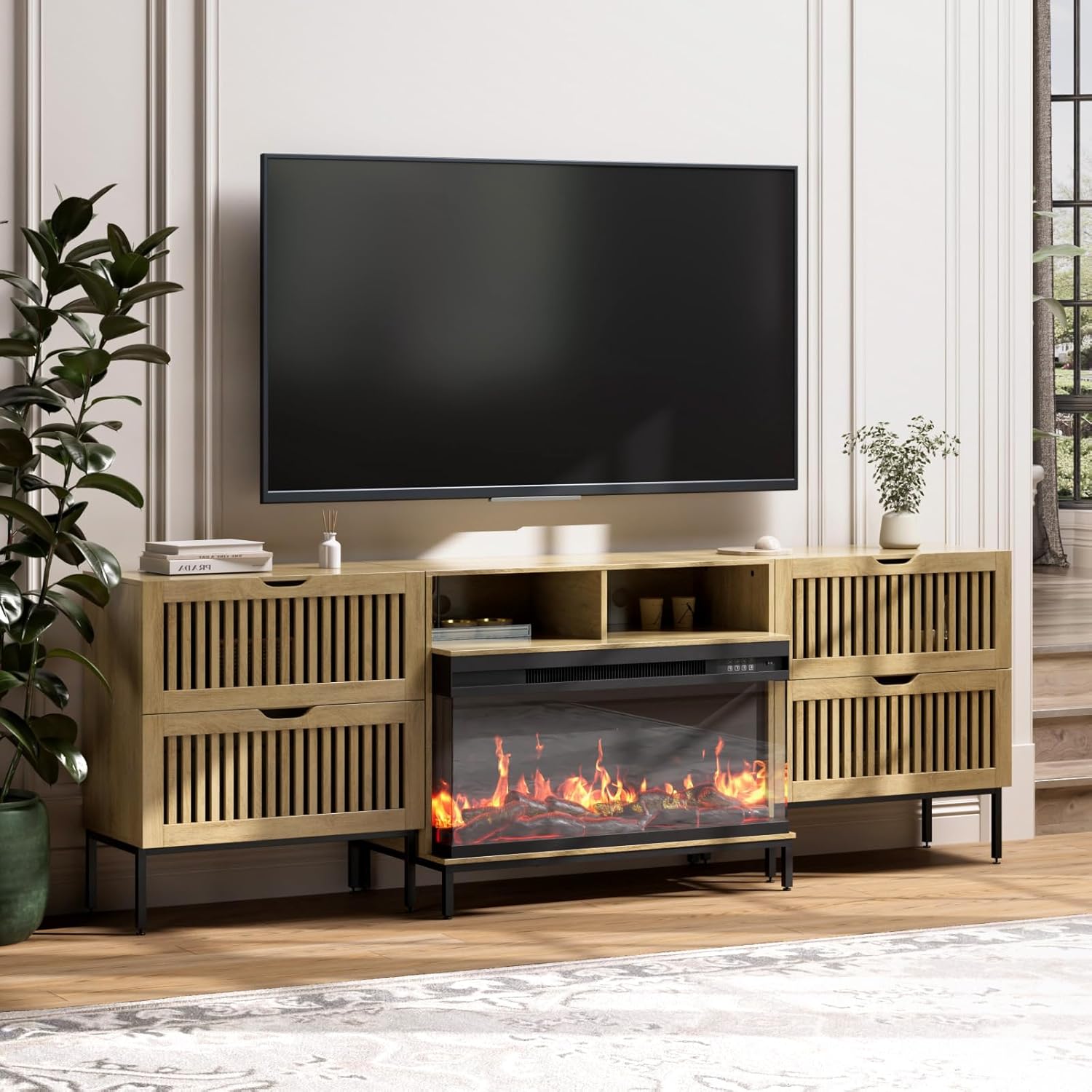 3-Sided Glass Farmhouse Fireplace TV Stand for TVs Up to 100 Inch, Entertainment Center with 36" Electric Fireplace, 4 Drawers Storage,Brown