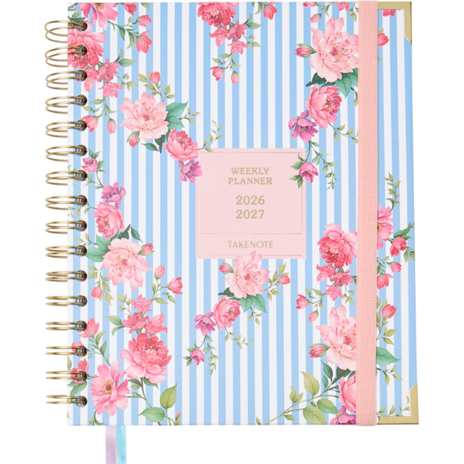 Takenote Diary 2026 2027 - Academic SEP/AUG, A5, Week to View, Hard Cover, Double Spiral Binding, 2 Ribbon Bookmarks, Elastic Closure, Monthly Tab Index, 8 Sticker Pages, Spanish and English - Emily