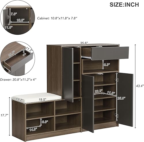 Miniatura 2 de Flieks Zapatero versátil organizador de almacenamiento de zapatos con asiento acolchado, zapatero de madera moderno independiente con estantes