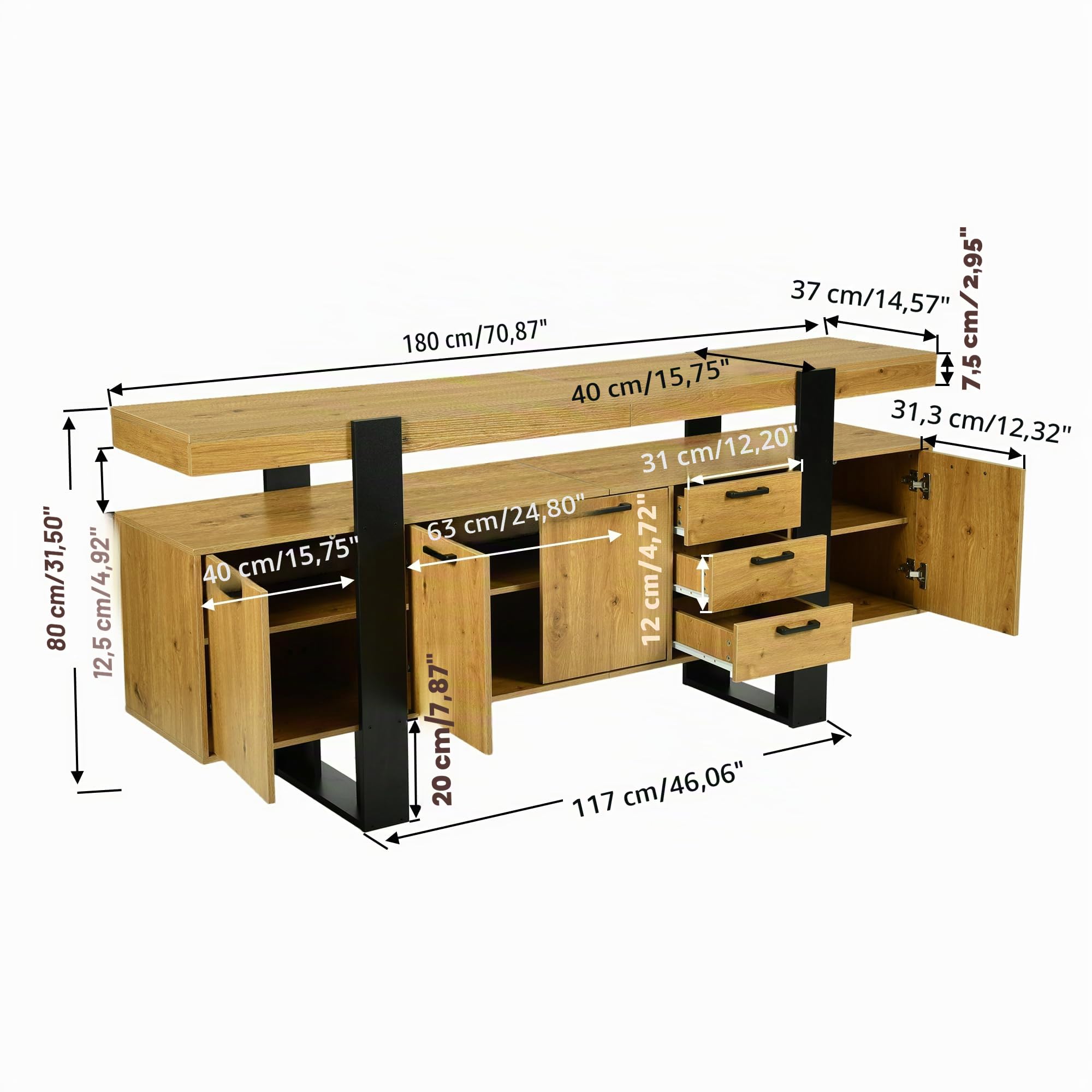 Meuble TV 180cm - Meuble Télé Style Industriel, Meuble Rangement avec 2 Tiroirs & 2 Portes, avec lumières LED, Meuble TV Noir et Bois, Adaptable à Salon/Chambre(180x40x80cm)