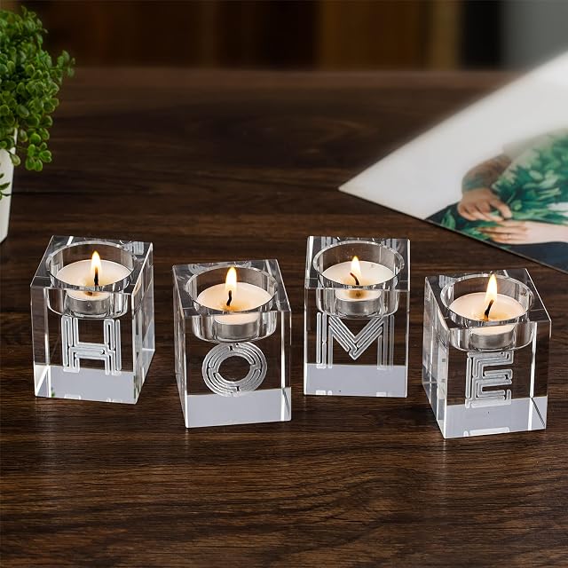 Sziqiqi Clear Glass Candle Holder Set of 4, Crystal Tea Light Candle Holders Candlestick for Room Decoration Candlelight Dinner Table Ornament Housewarming Gift Party, HOME