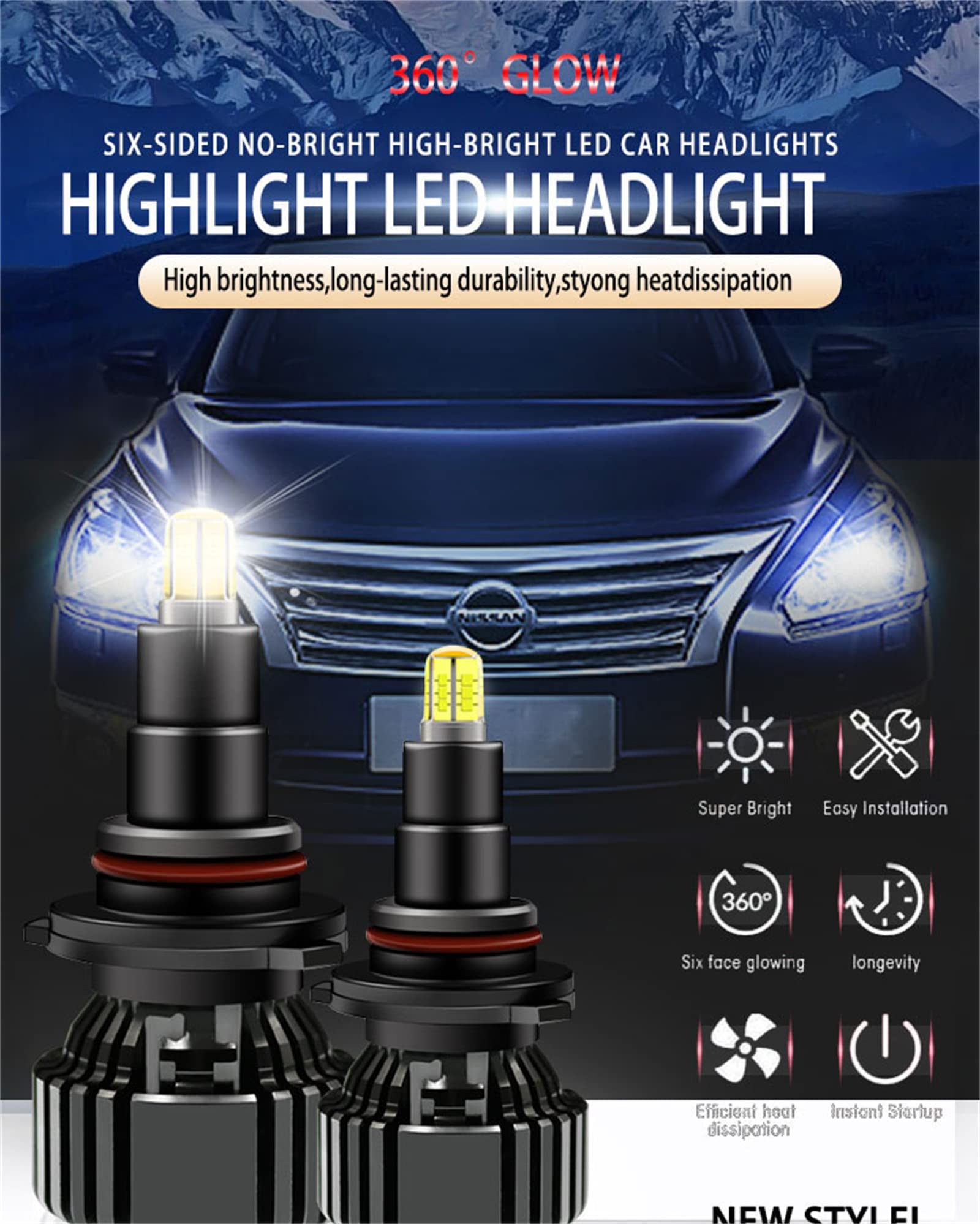 Lampadine Per Fari A LED, 360° 8 Lati Che Emettono Luce 12000 Lumen 400% Luminosità 6000K Bianco Freddo, Lampadine LED Per Fari Di Aggiornamento, Confezione Da 2,H7