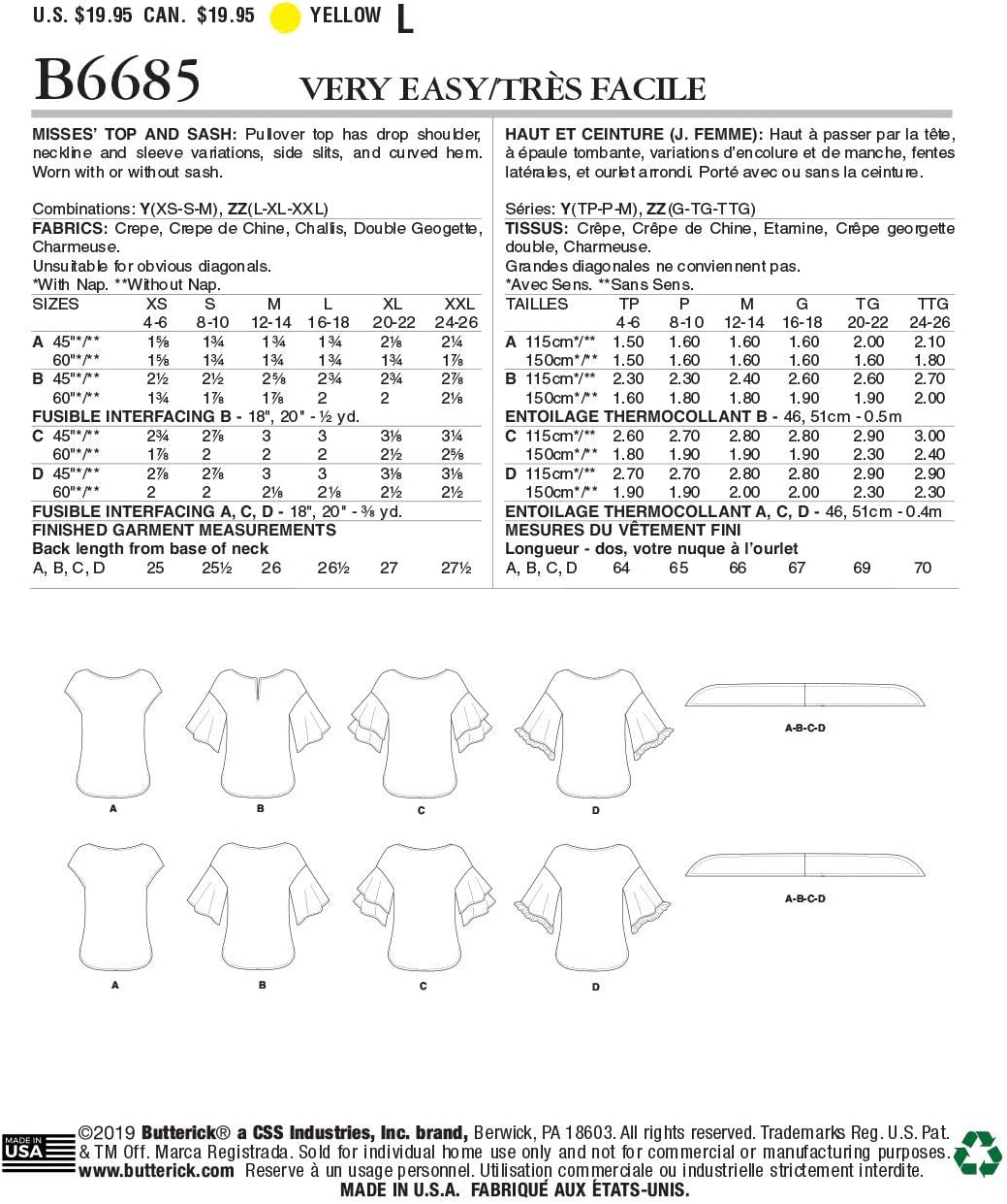Butterick B6685ZZ Very Easy to Sew Women's Sash and Blouse Sewing Patterns, Sizes L-XXL
