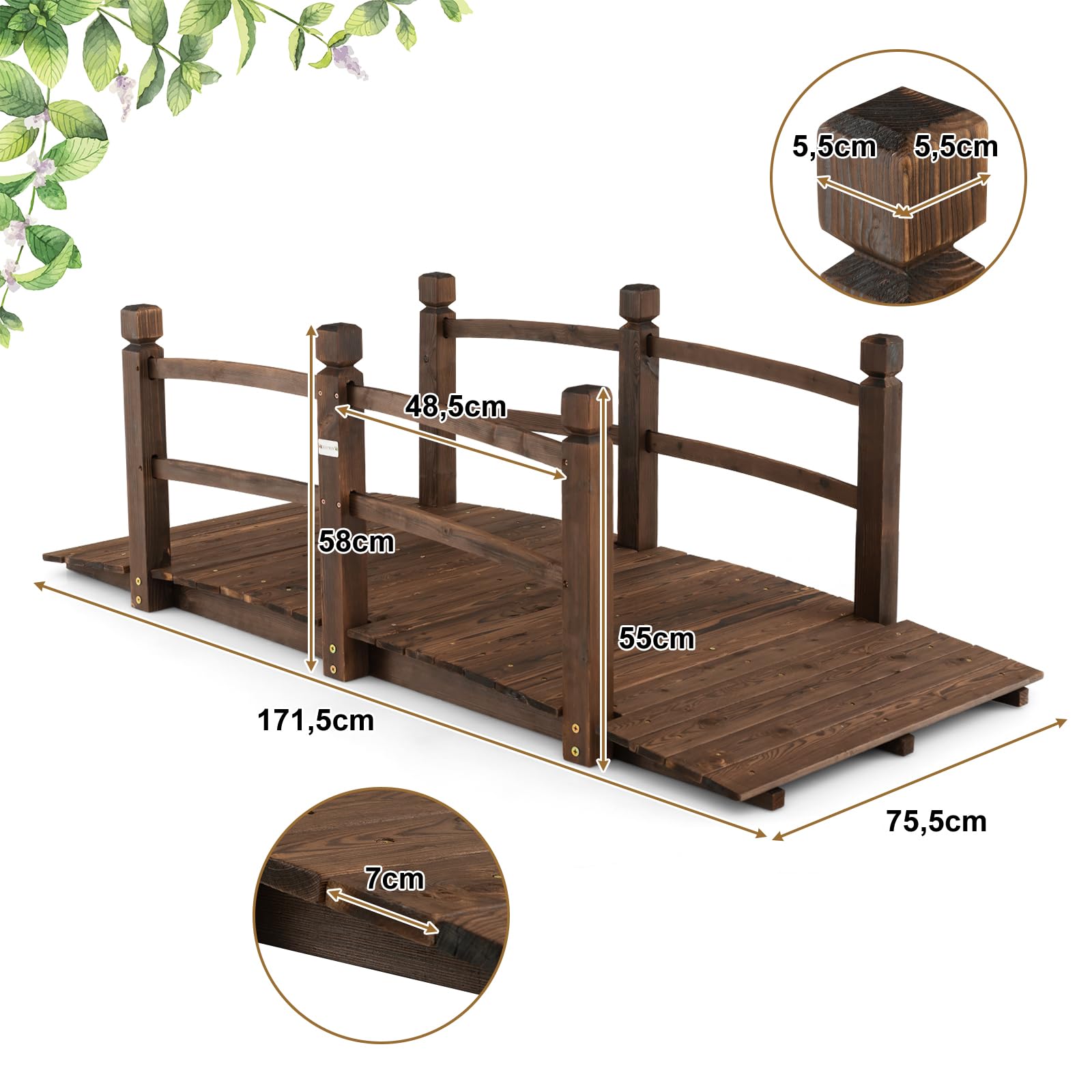 SOARS Holzbrücke mit Geländer, Gartenbrücke aus Fichtenholz, stabile Teichbrücke bis 150 kg belastbar, 171,5 × 75,5 × 58 cm, Zierbrücke begehbar, Dekobrücke für Garten, Teich & Bach