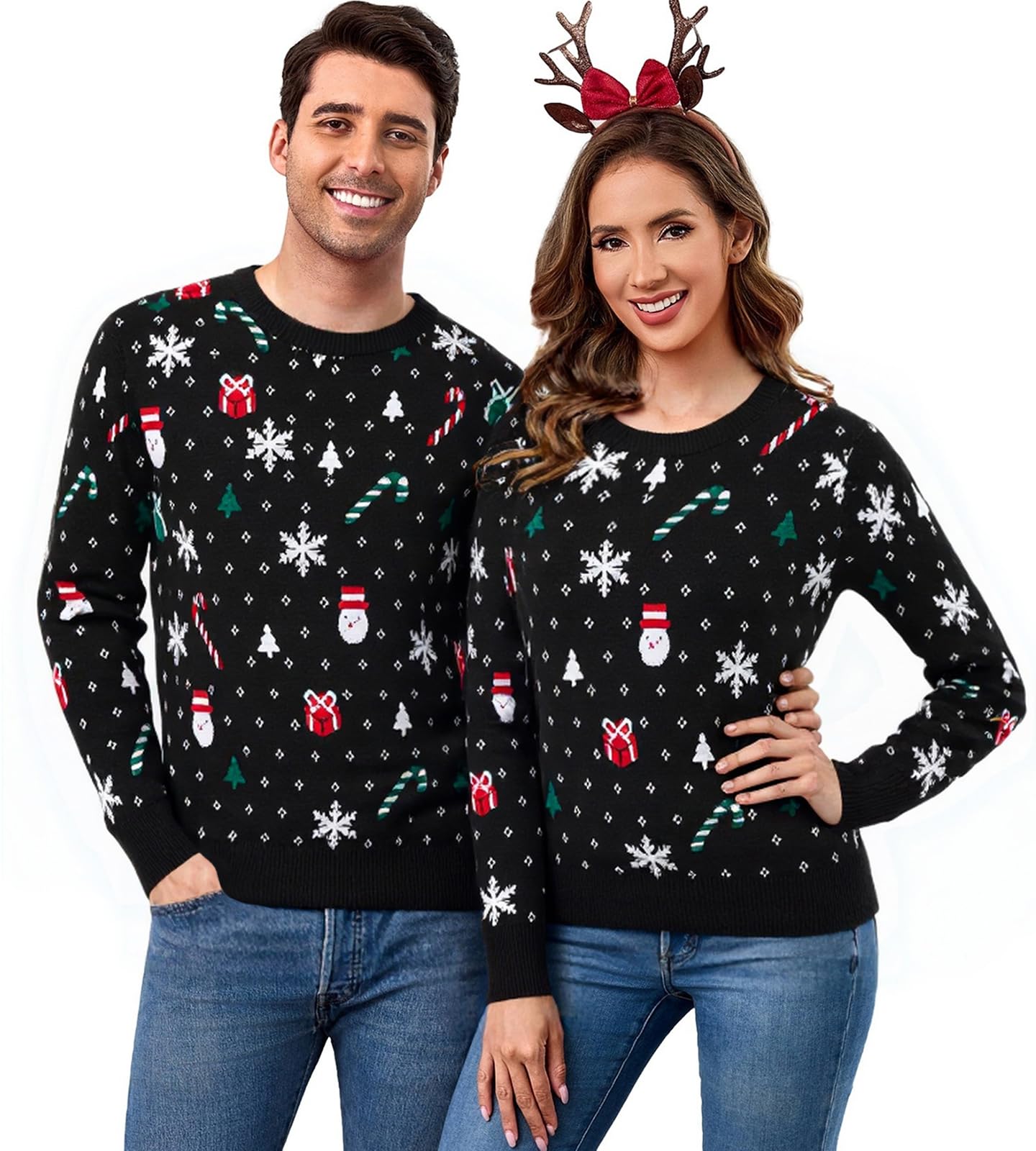 Aottori Weihnachtspullover Damen Herren Weihnachtspulli Familie Set Rundhals Langarm Strickpullover Christmas Unisex Weihnachten Pullover Warm mit Schneeflocken Muster
