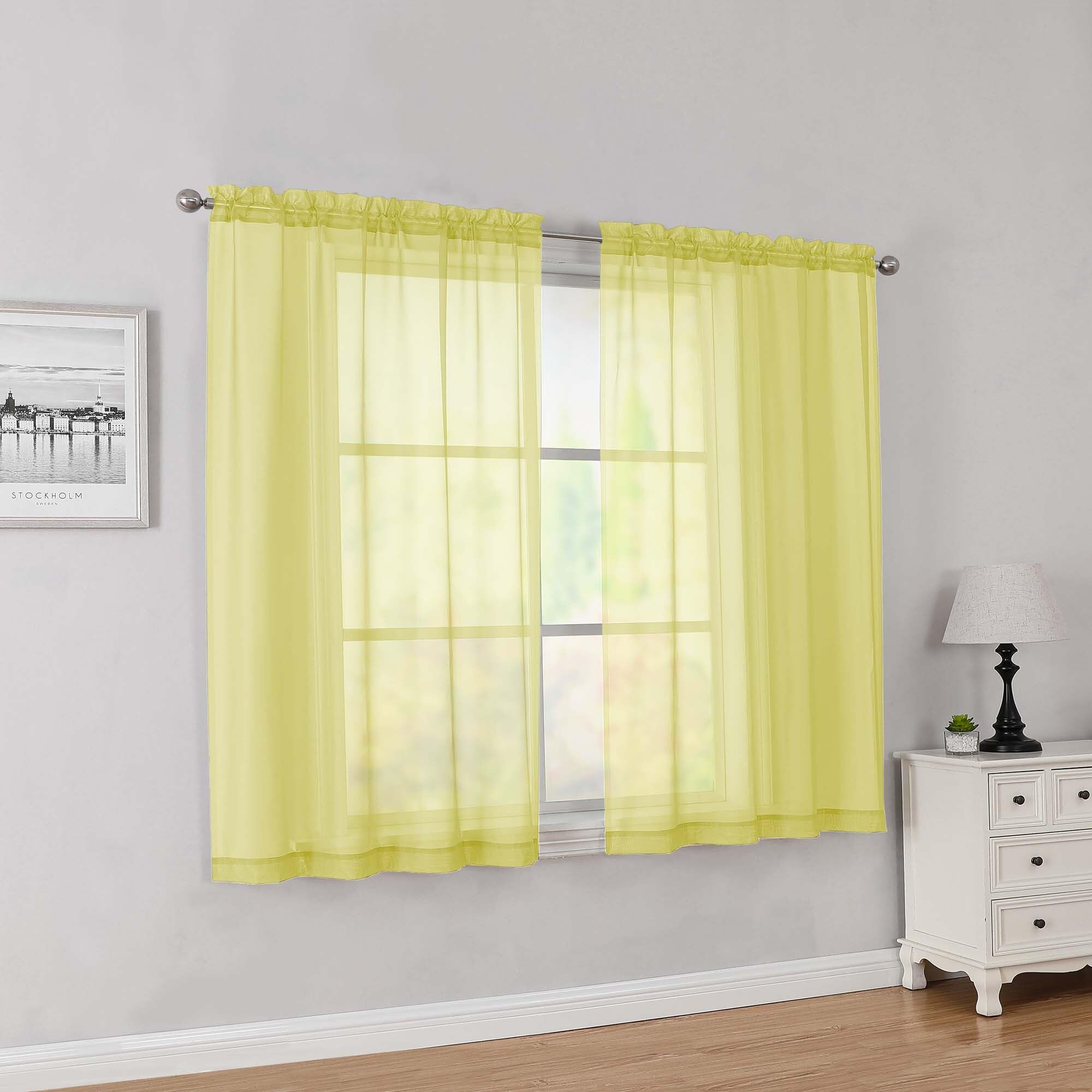 Simplebrand Lemon Short Sheer Curtains 45 Inch Length 2 Panels for Bedroom