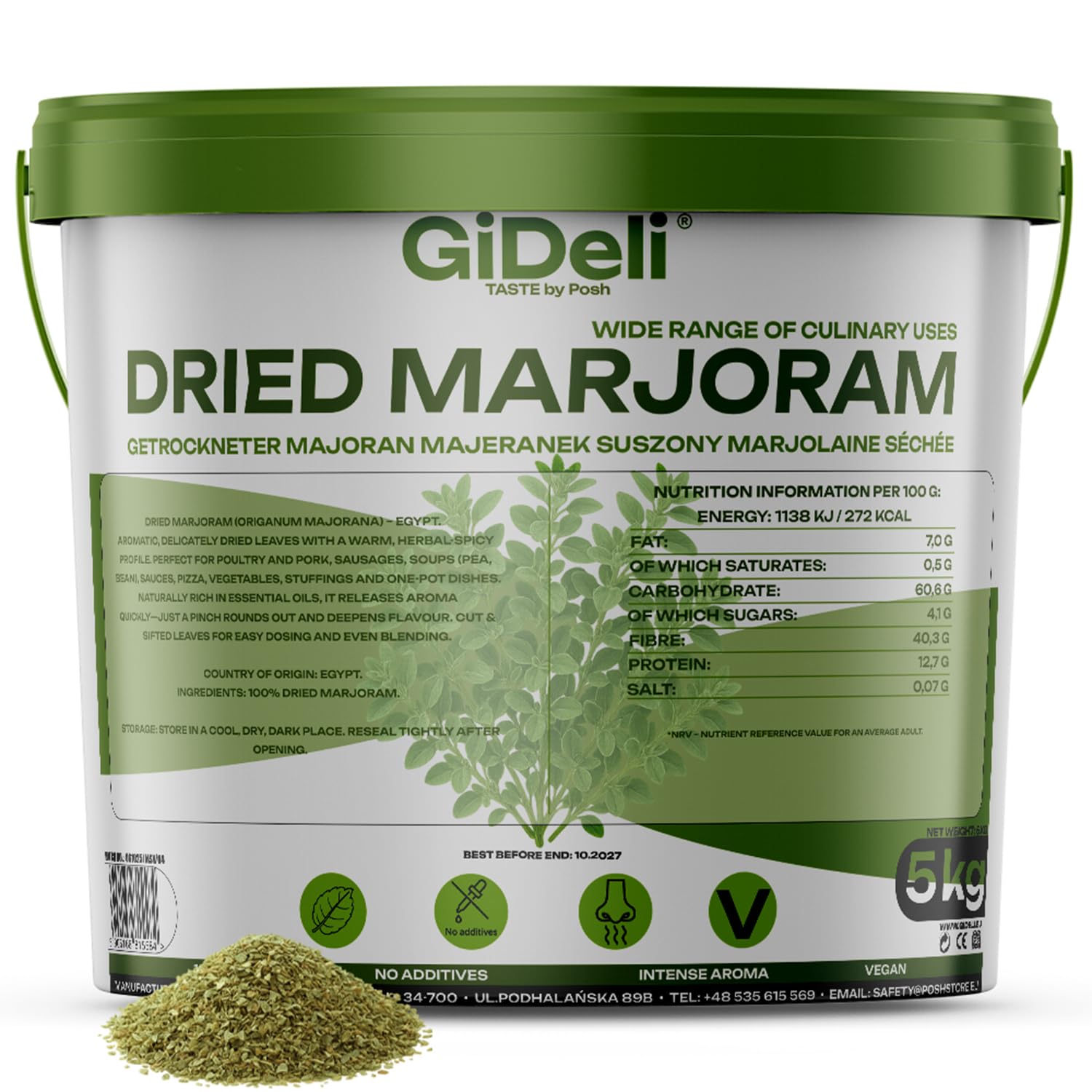 GiDeli Majoran Gerebelt 5 kg im Eimer - Origanum Majorana getrocknet Blätter - Intensiv Aromatisch - für Thüringer Küche, Suppen, Soßen & Fleischgerichte
