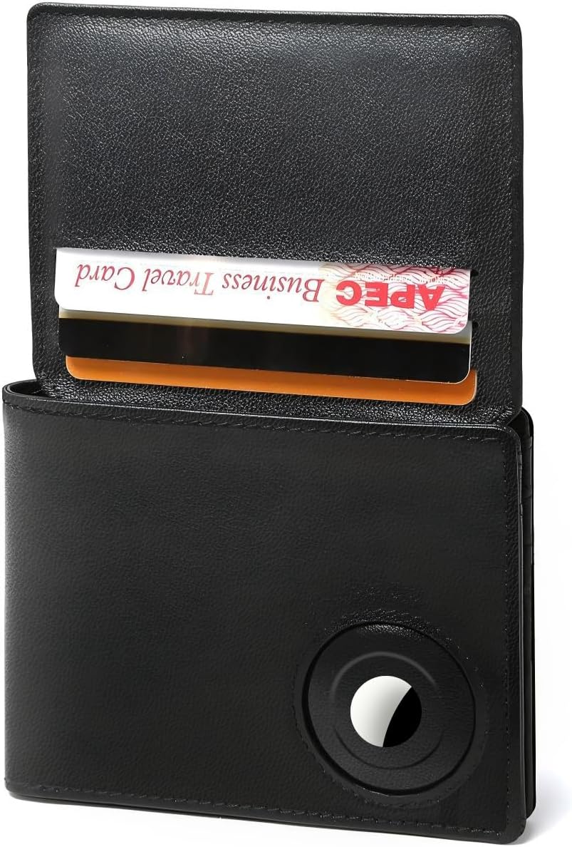 Genuine Leather Wallet for Men, RFID Wallet with Airtag Slot,Leather Card Holder Wallets with gift box Air tag Tracker NOT INCLUDED (Black)