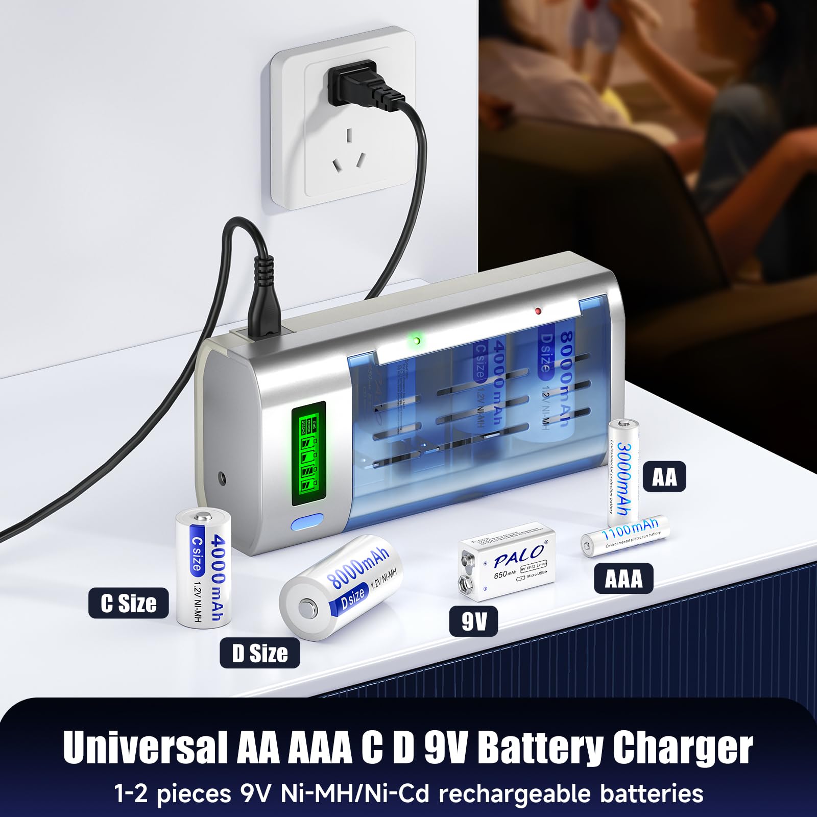Batterie Baby C Rechargeable avec Chargeur de Batterie Universel, 6 pièces 4000mAh, Piles C Rechargeables avec Chargeur de Batterie LCD pour Batteries AA/AAA/C/D NI-MH (Charger+6C/LR14)