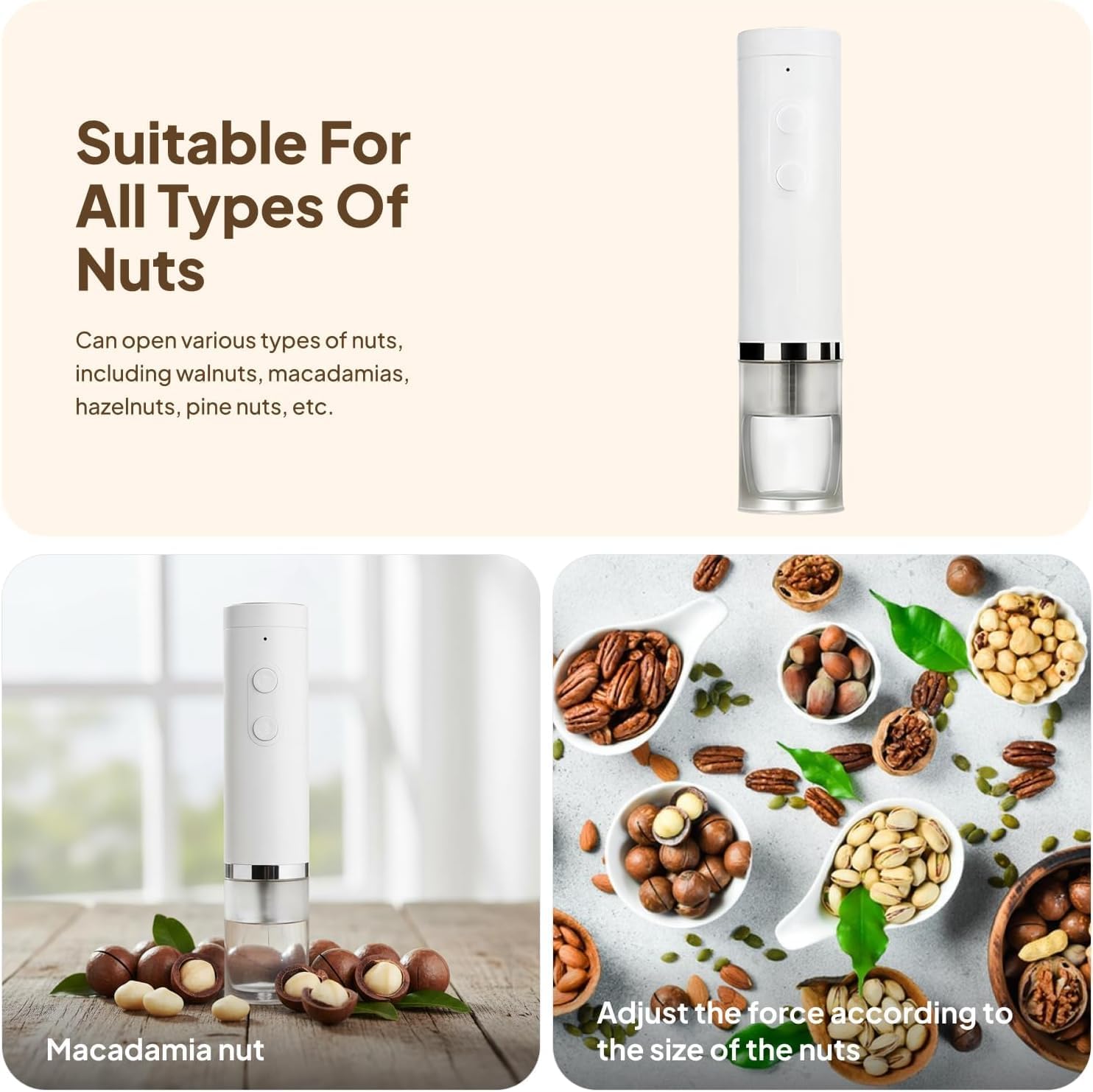 ＫＬＫＣＭＳElectric Nut Cracker, Pecan Cracker,Compact USB Rechargeable Kitchen Tool for Hard Shell Nuts, Easy to Use for Walnuts, Pecans, Hazelnuts, Almonds, White