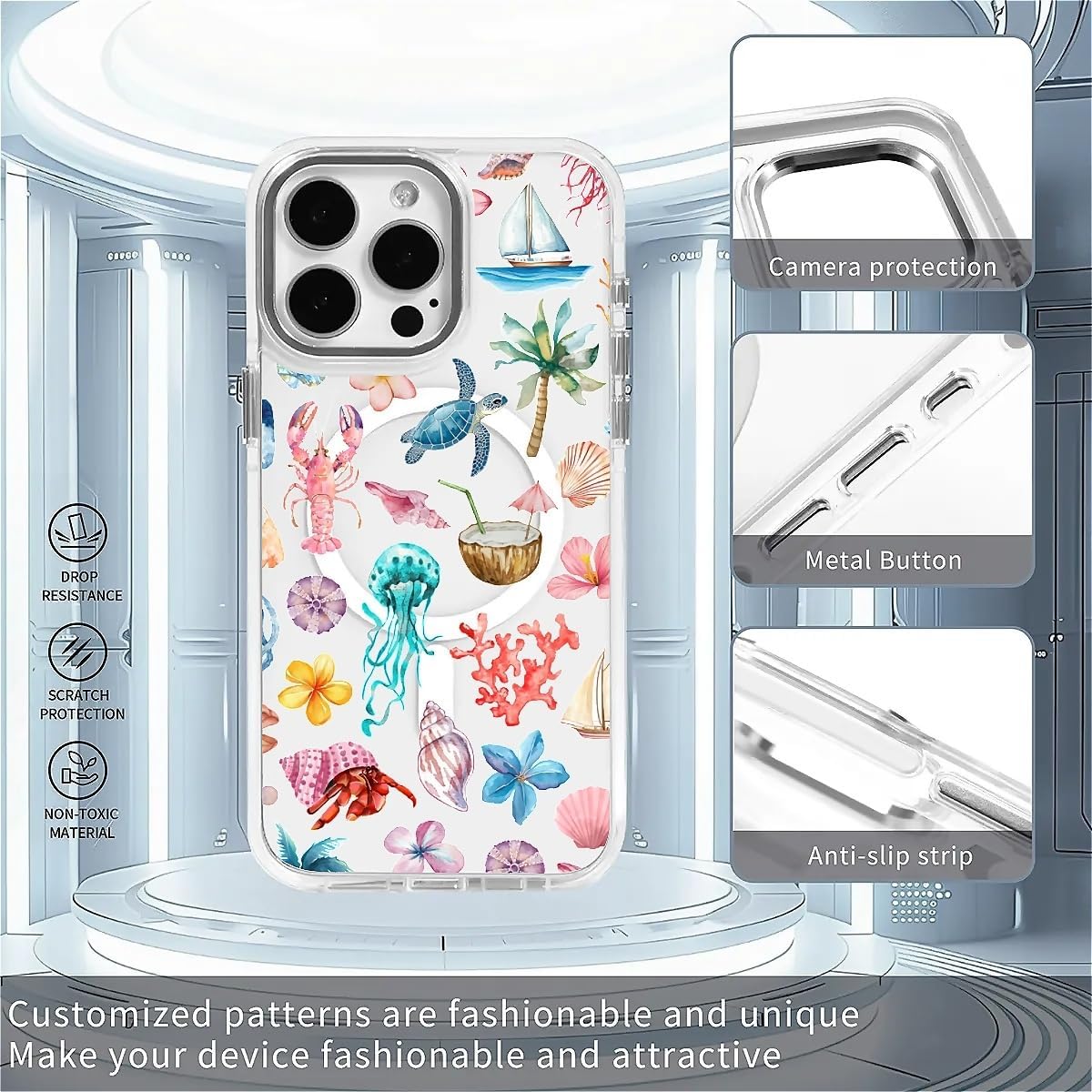 for iPhone 16 Pro Case [Compatible with Magsafe],Girls Women Clear Magnetic Case Silicone Shockproof Protective Cover with Pattern Sea Turtles Coconuts Jellyfish - Image 4