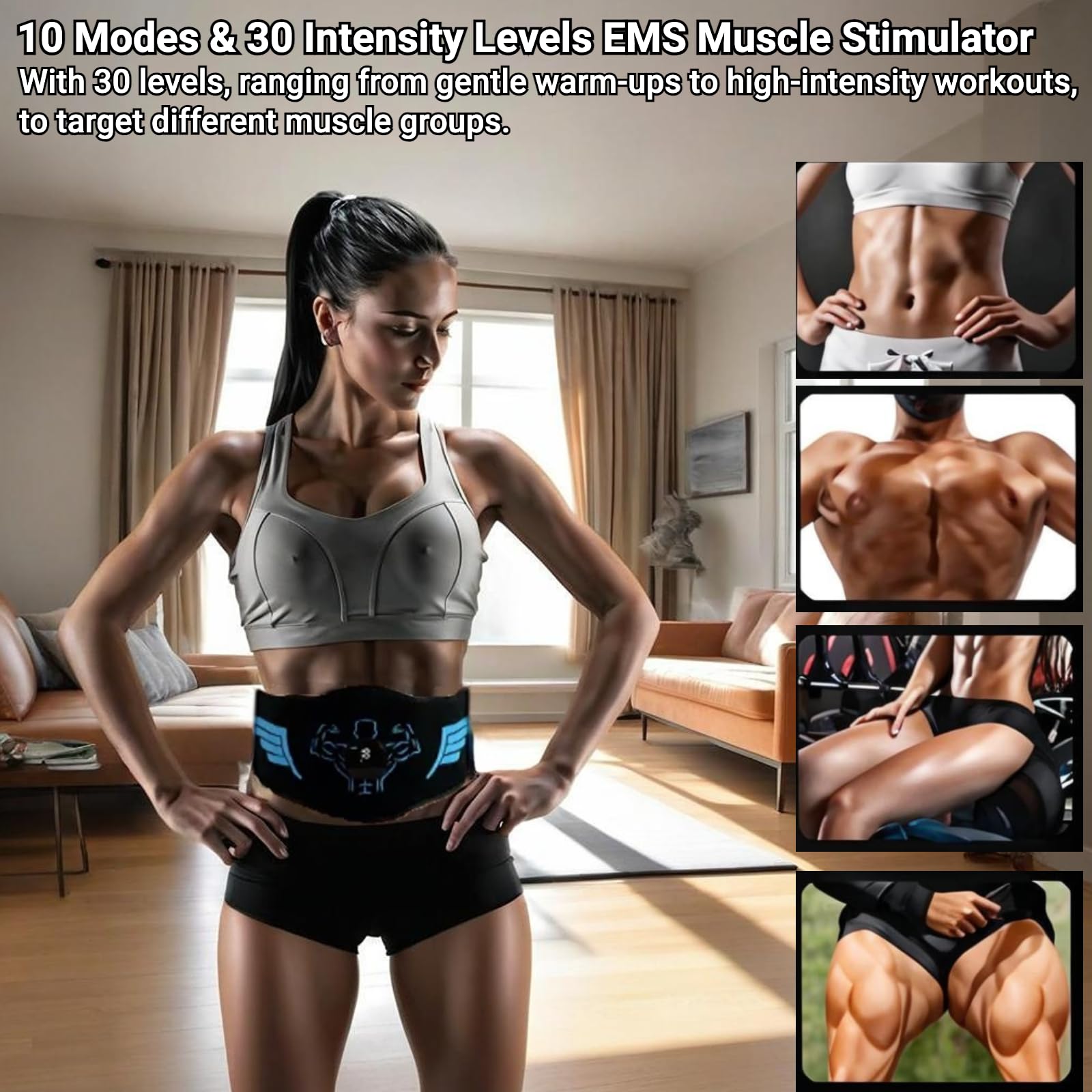 Stymulator mięśni EMS, 10 trybów, 30 poziomów pasa brzusznego z ładowarką USB, timer, przenośny sprzęt fitness do domowego biura do treningu ramion i odchudzania