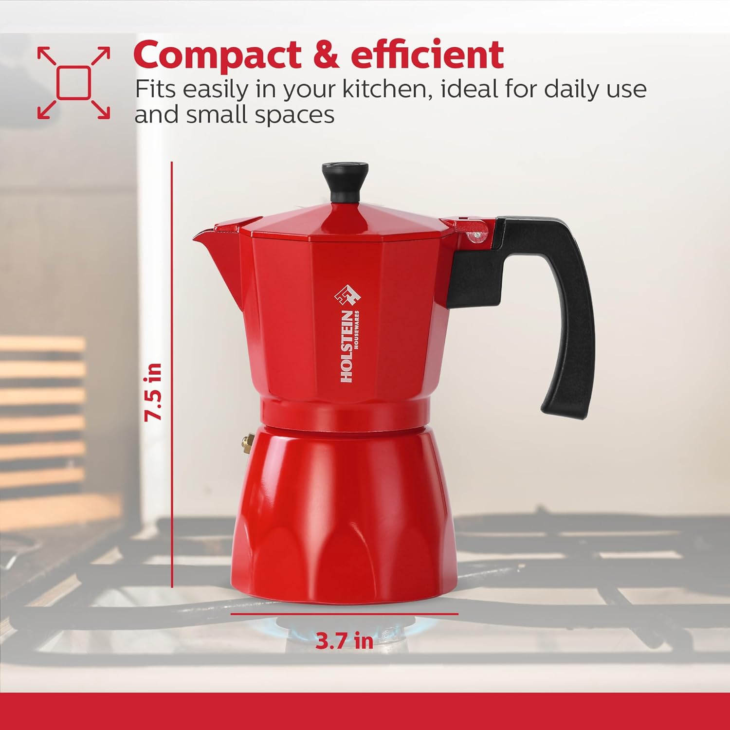 Holstein Housewares - 6 Cup Aluminum Stovetop Espresso Maker and Moka Pot - Great Tasting Traditional Espresso Coffee, Italian and Cuban Café Brewing in Minutes, Red