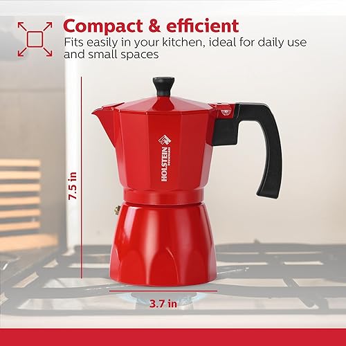 Miniatura 8 de Holstein Housewares - Cafetera de aluminio para estufa de 6 tazas y olla moka - Café expreso tradicional de gran sabor, café italiano y cubano en