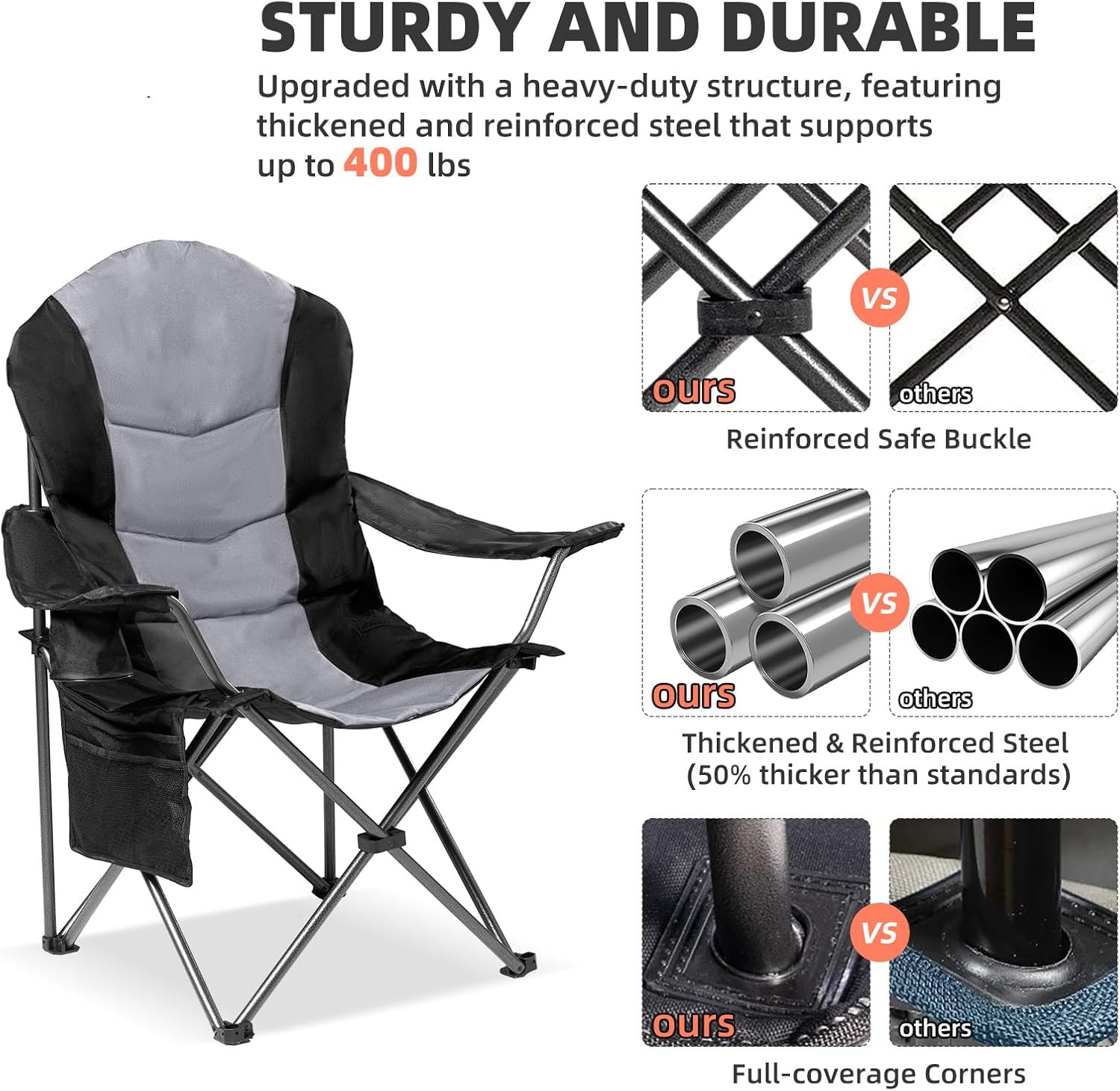 2 Pack Folding Camping Chairs for Adults - High Back Padded Outdoor Lawn Chairs with Lumbar Support & Cup Holder, 400lbs Heavy Duty Portable Camping Chairs Set (Black & Light Gray)