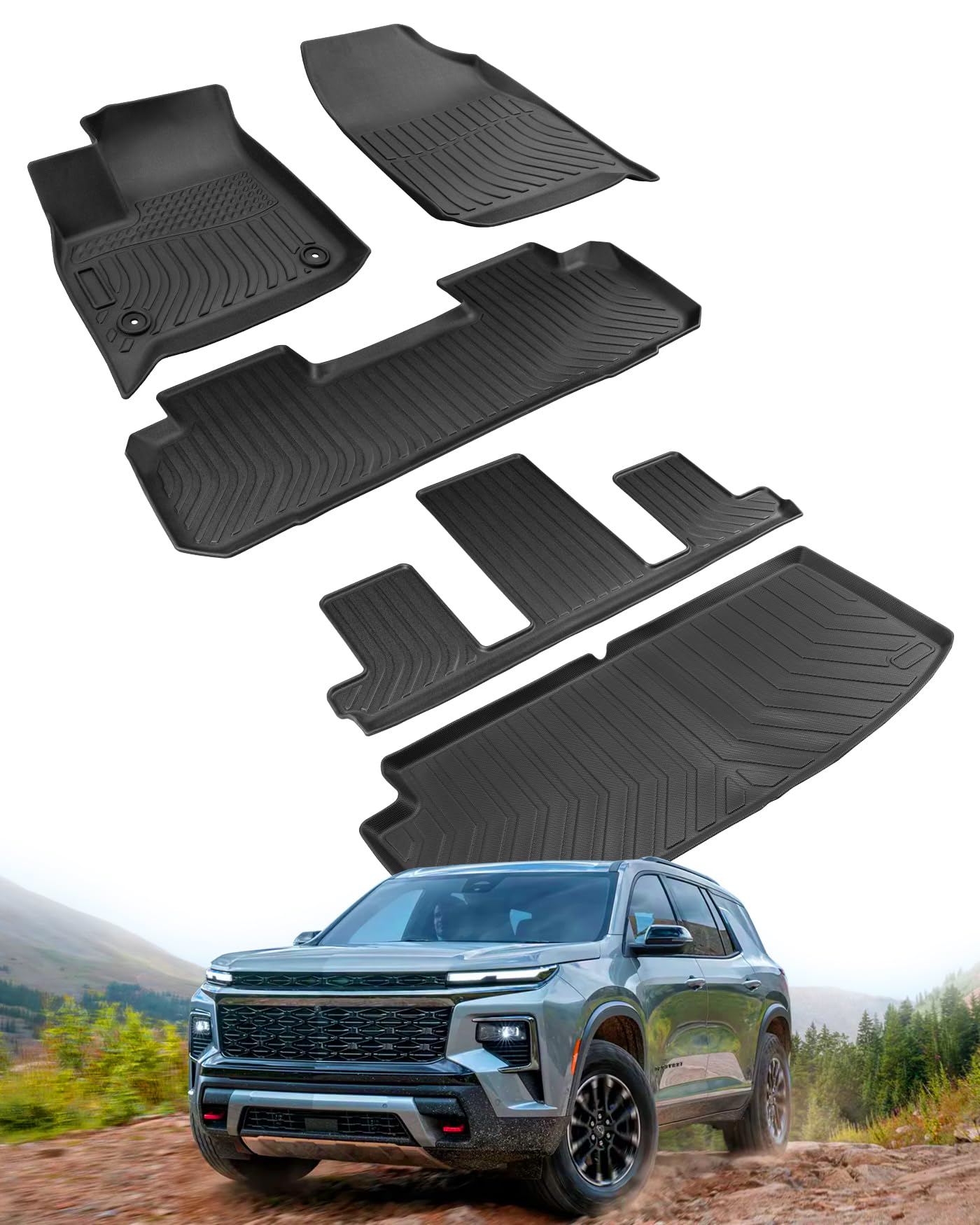 DiffCar® for Chevy Traverse Floor Mats & Cargo Liner 2025 2024 2023-2018, Only Fit for Chevrolet Traverse 7-Seat 2nd Row Bucket Seats, All-Weather TPE Rubber Trunk Mats Car Accessories