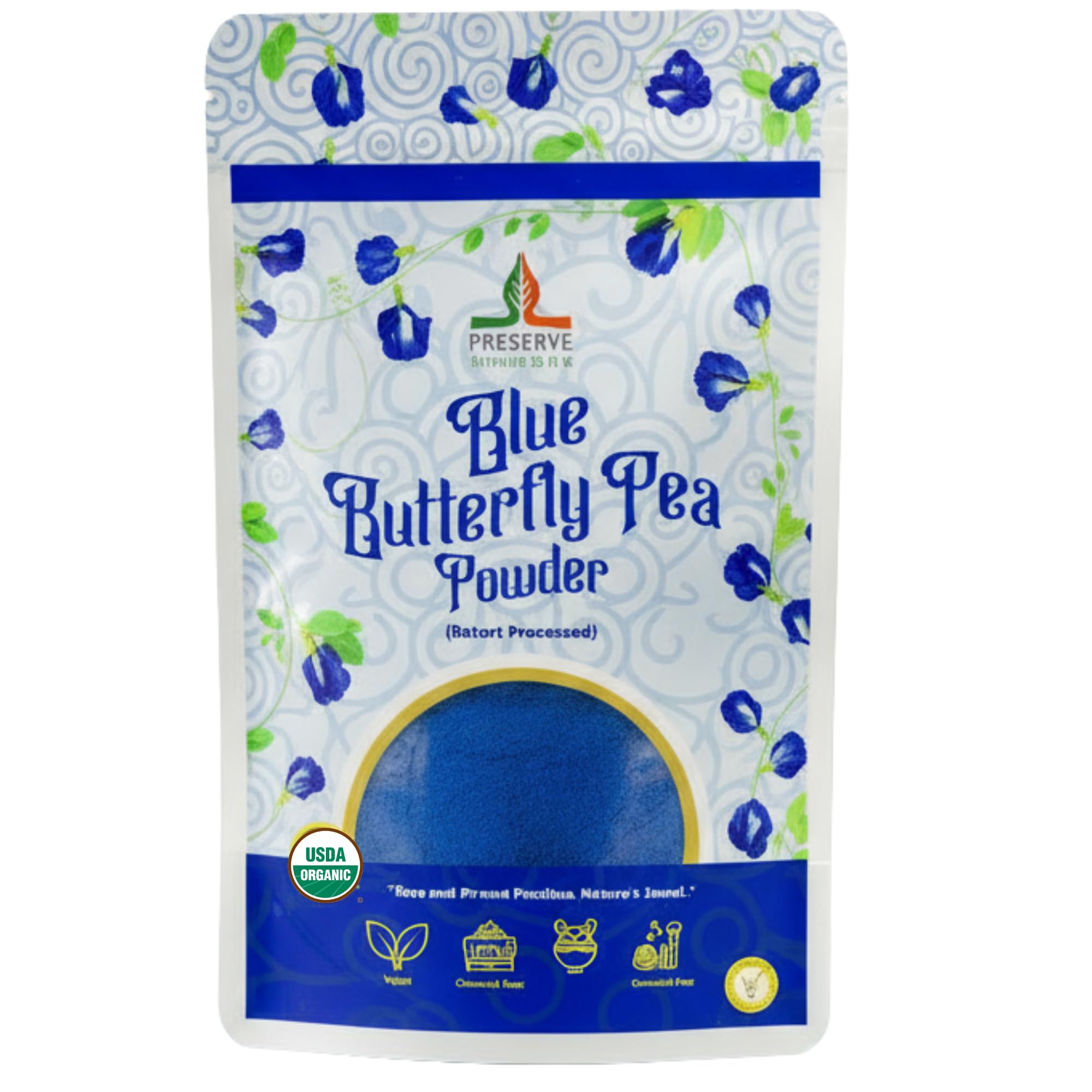 Pure Butterfly Pea Flower Powder, 100% Pure Natural Food Coloring, Non-GMO, Vegan, Retort Processed, Antioxidant-Rich, Blue Lotus Flower Powder