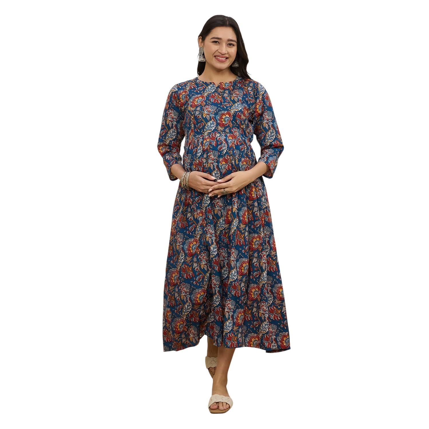 Cotton Maternity Feeding Kurti Dress for Women | Pregnancy Blue Dress with Concealed Zippers for Nursing | Soft Breathable Fabric | Comfortable Calf-Length Outfit for Office