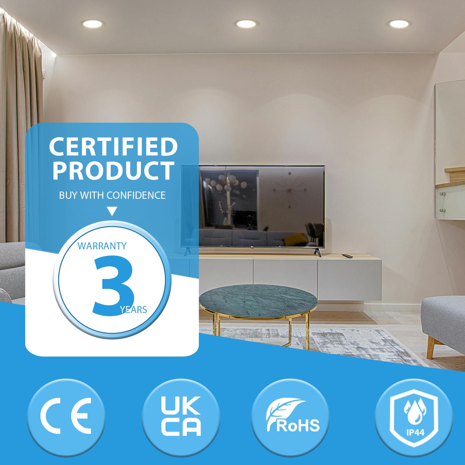 Grebeam 6er 12W LED Inbouwspots 230V | 3 kleurtemperaturen 3000K-6000K | IP44 LED-spots voor badkamer | Snijgat 120-130mm | Led-patrijspoorten | Duurzaam en vlamvertragend