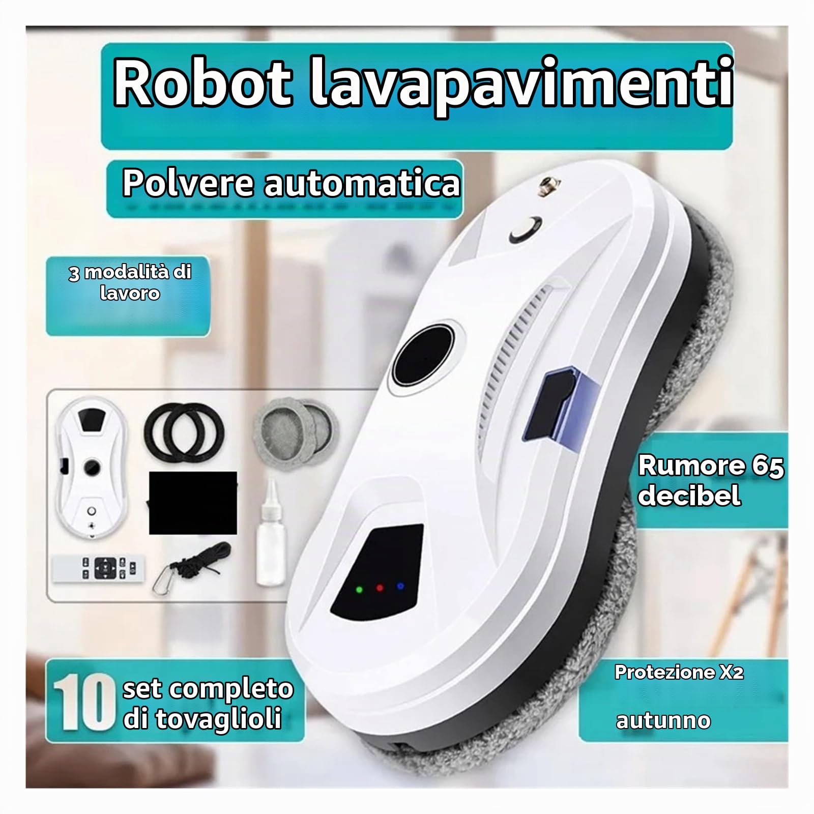 Robot lavavetri Ricaricabile Senza Fili, aspirapolvere Senza Fili, per pareti in Vetro, con spruzzo Automatico e modalità Multiple