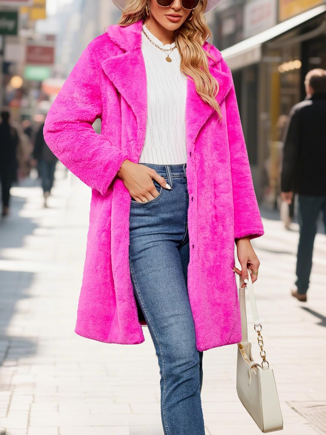 Womens Long Faux Fur Coats Lapel Faux fur Jacket Fluffy Coats Fuzzy Winter Jacket with Pockets