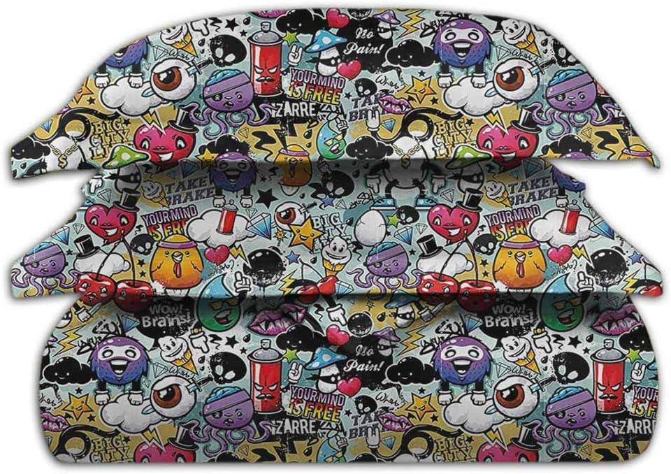 Best Deal Cheap 🛒 Cartoon Decor Bedding 3-Piece California King Bed Sheets Set, Graffiti Creatures with Spray Tanks Animals and Quotations Colored Image (1 duvet cover + 2 pillowcases) Printed bedding Multicolor