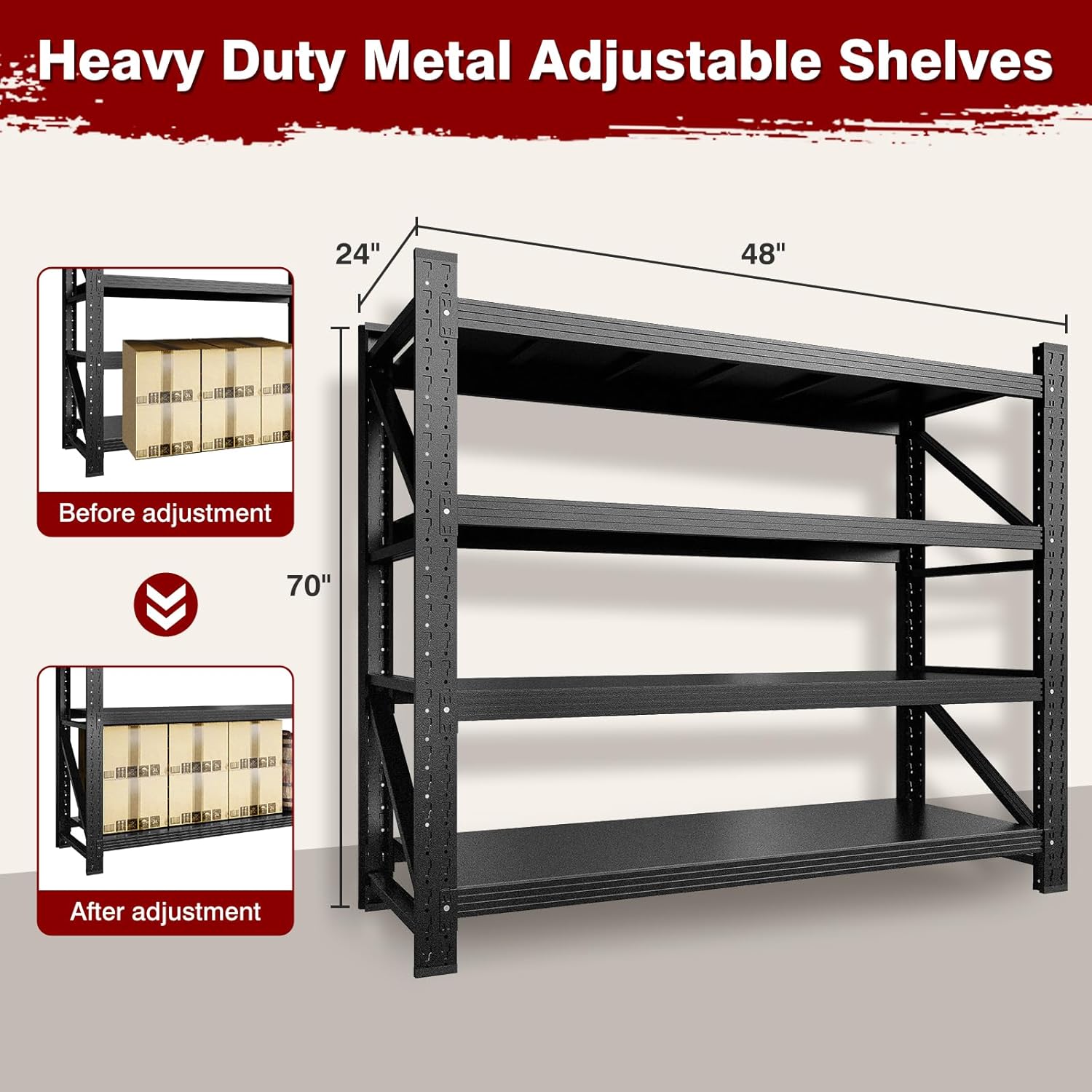 Fesbos 3000LBS Metal Steel Storage Shelves - 48" W Black 4 Tier Heavy Duty Rack Commercial Industrial Shelving with Adjustable Shelf for Basement Garage Warehouse Supermarket - 48" W x 24" D x 70" H