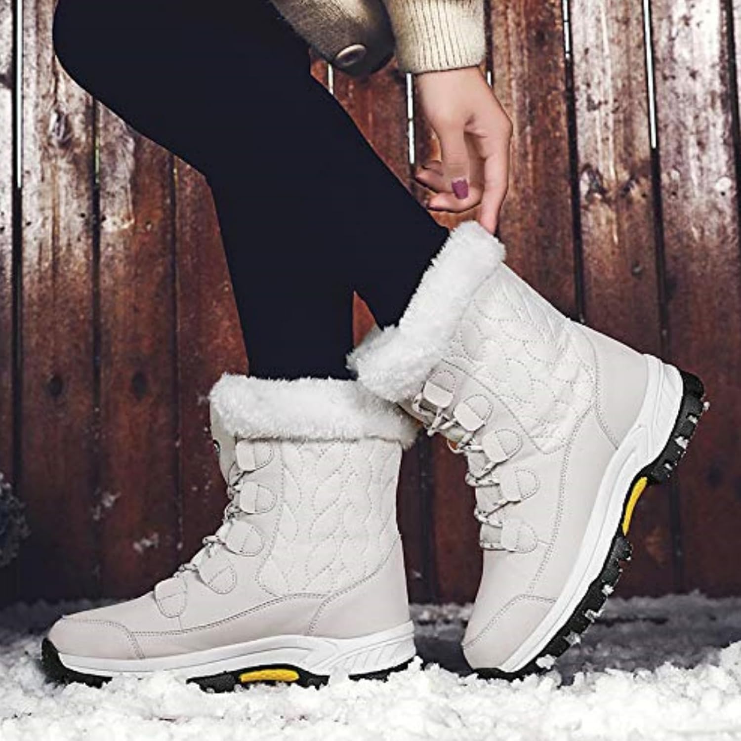 Womens Snow Boots Warm Winter Fur Lined Mid Calf Booties Anti Slip Waterproof Ankle Boots PU Leather Round Toe Short Booties Comfortable Outdoor Walking Boot Shoes