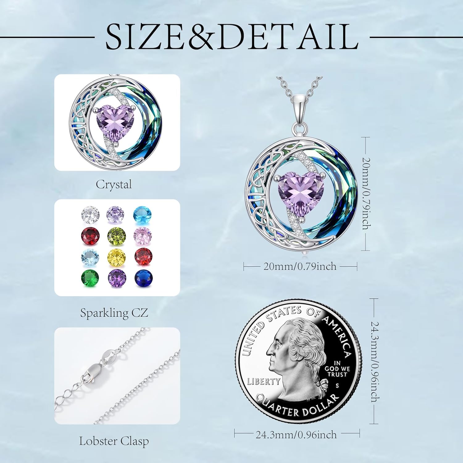 Valentines Day Gifts for Women, Birthstone Necklace for Women, Celtic Moon Pendant Blue Crystal Necklace Heart Jewelry Anniversary Jewelry Gift for Daughter Wife Mother Sister - Image 5