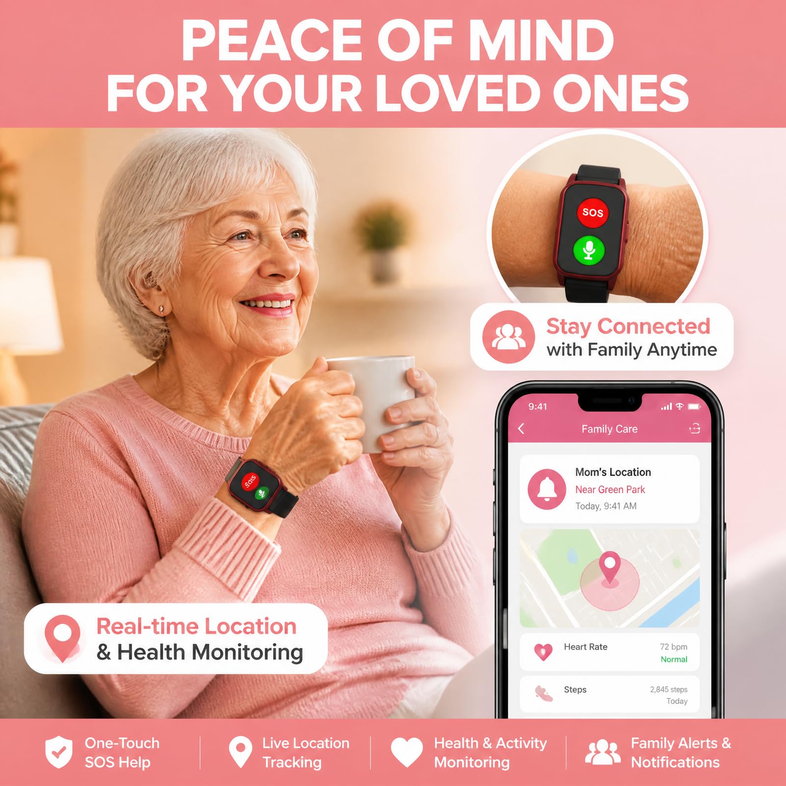 Pulsera GPS Ancianos SOS Deteccion Caidas Localizacion Tiempo Real Monitor Salud 600mAh IP67 Impermeable Smart Band Demencia Alzheimer Pacientes Negro Rojo Caja Set Regalo Black