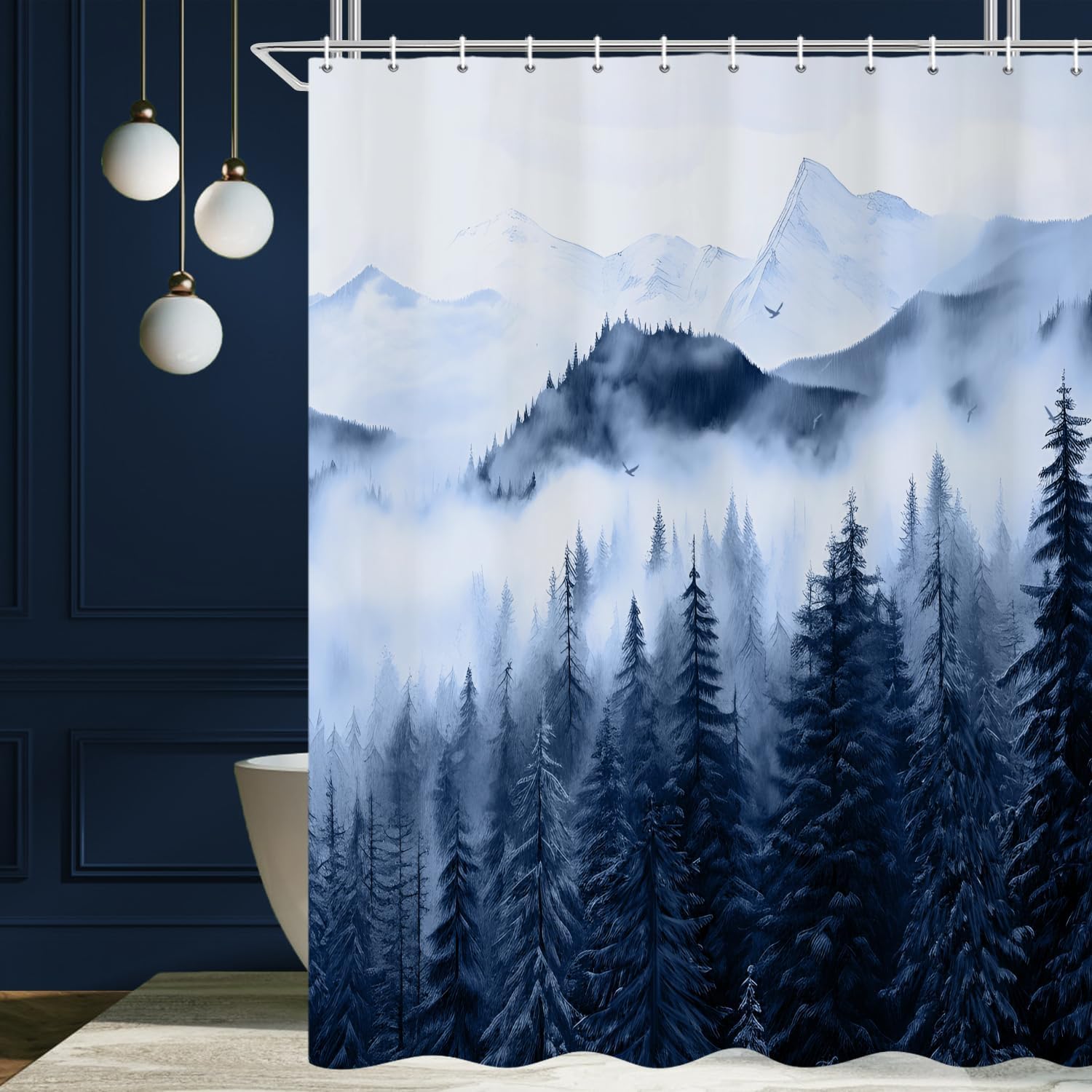 Mountain Shower Curtain, Navy Blue Misty Forest Shower Curtain Set Waterproof Nature Scenery Bathroom Decor with Hooks, 72x84 Inch