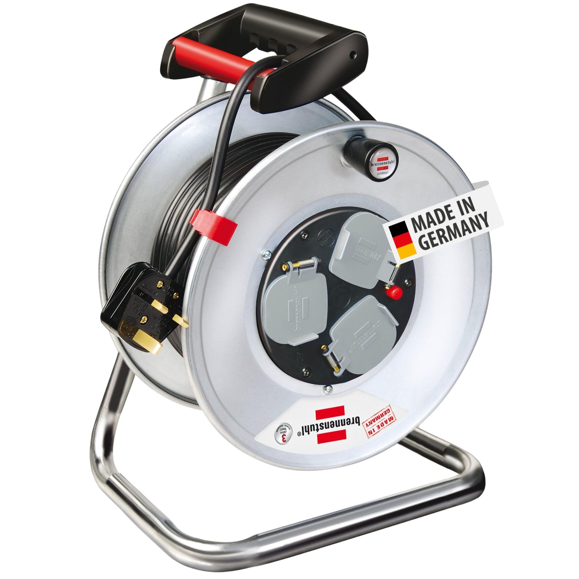 Brennenstuhl Garant 3-Way Socket Cable Reel (20m Extension Cable, Rust-Proof, Ergonomic Handle), Drum for Extra Heavy-Duty Work, Cable Colour: Black