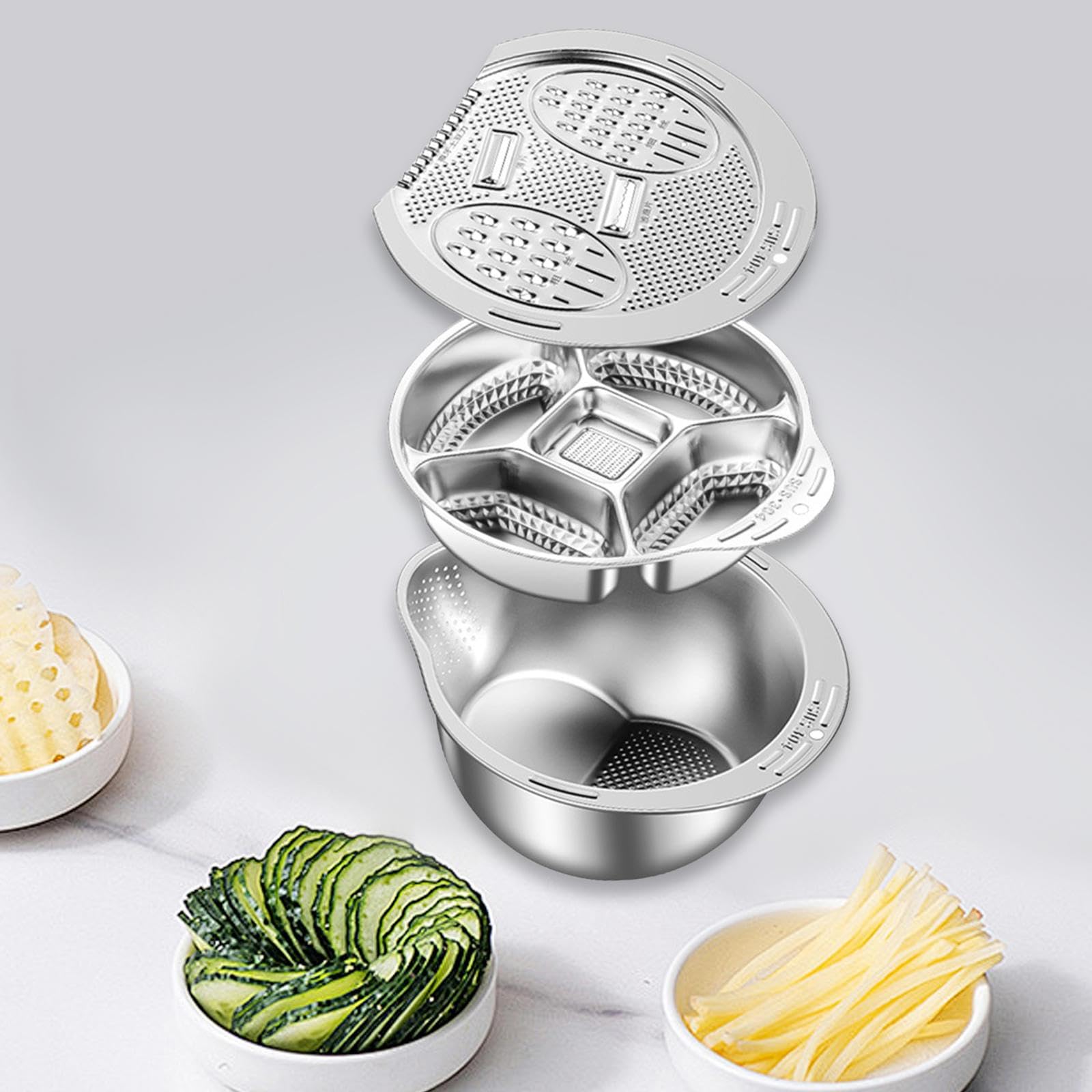 3-teiliges Küchensieb-Set aus Edelstahl, Reiswaschschüssel, vielseitiges Zubehör, Abflusskorb, stabile Reibe, Gemüsezubereitungsplatte, 304 Edelstahl