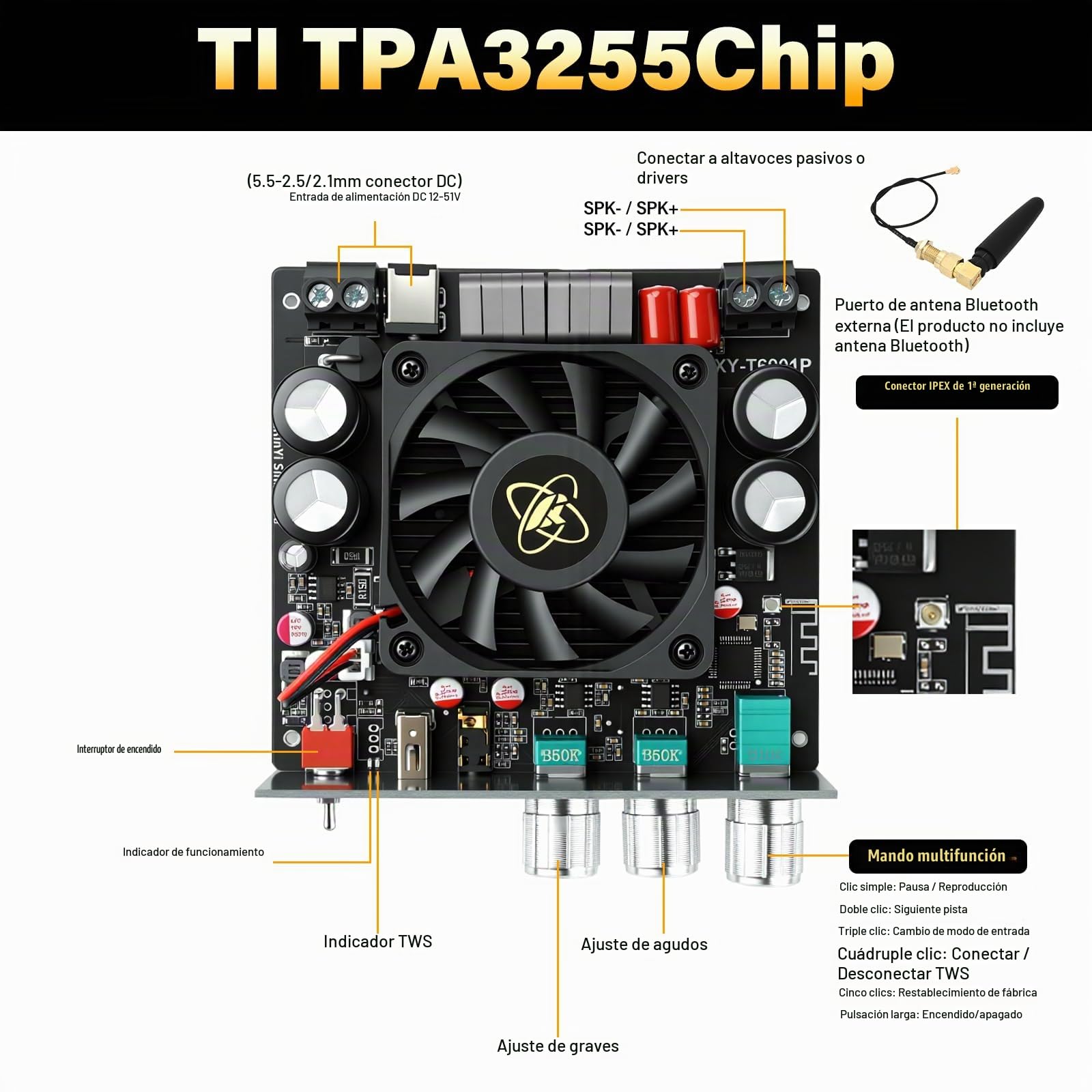 Módulo Amplificador Audio Mini Bluetooth 5.0, Amplificador HiFi Digital Mono Amplificador Clase D Subwoofer 600W con TI TDA3255 y TWS, AAC/SBC, DC 19-51V/10A, BT 5.0/USB/AUX