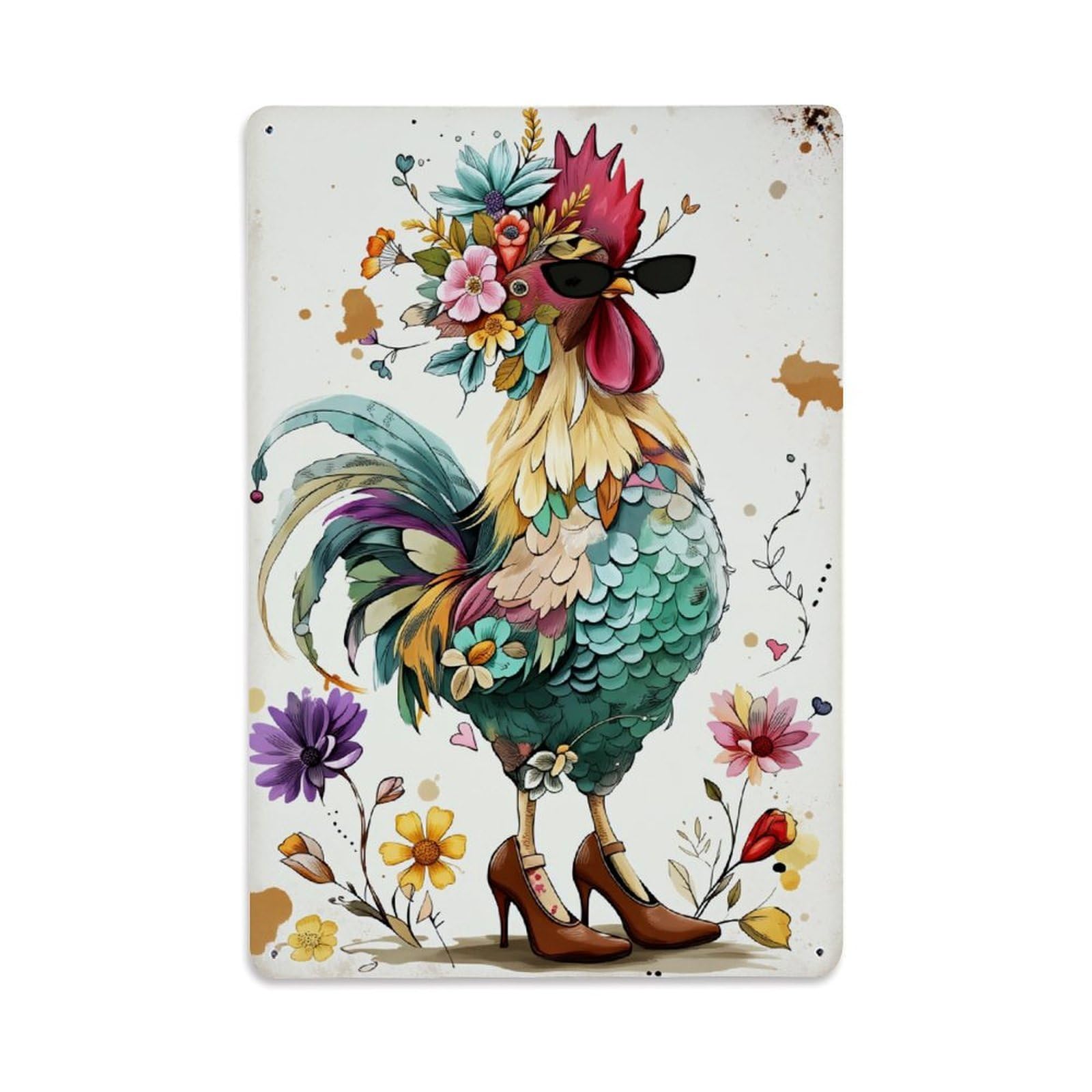 Enderetf Vintage Floral Rooster With Sunglasses And Heels Tin Sign Metal Poster, Home Bar Garage Man Cave Cafe Indoor & Outdoor Wall Decoration 8X12inches