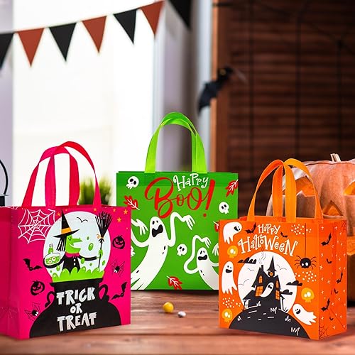 Miniatura 4 de WRAPAHOLIC Paquete de 12 bolsas de Halloween para truco o trato  10.5 x 5 x 10.5 pulgadas  Fantasmas, murciélagos, arañas, bolsas reutilizables con
