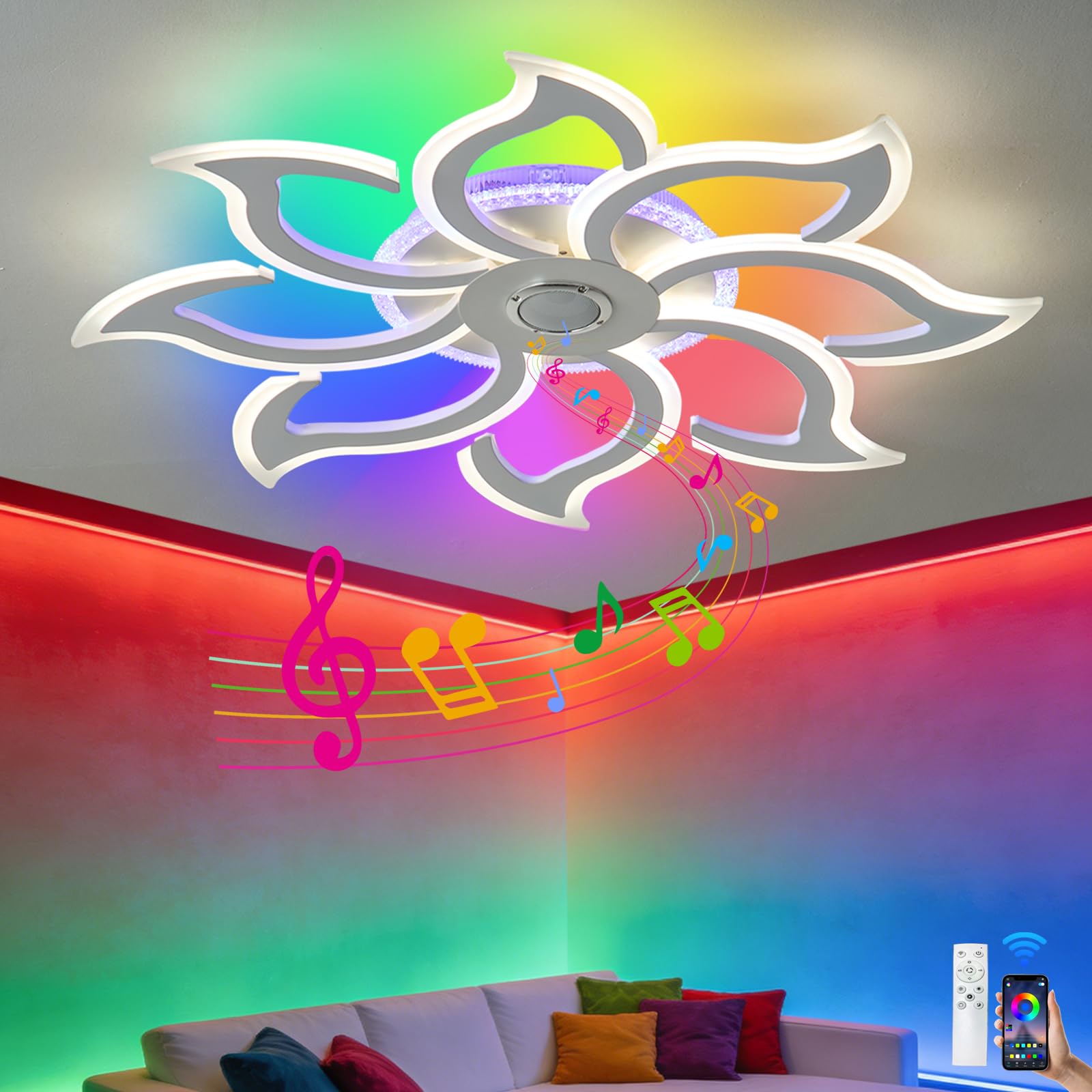 Plafoniera RGB con Altoparlante Bluetooth Lampada da Soffitto a Led 90cm Dimmerabile Per Camera da Letto e Soggiorno con Telecomando e Funzione Memoria Moderne lampadario Fiore con App Bianco