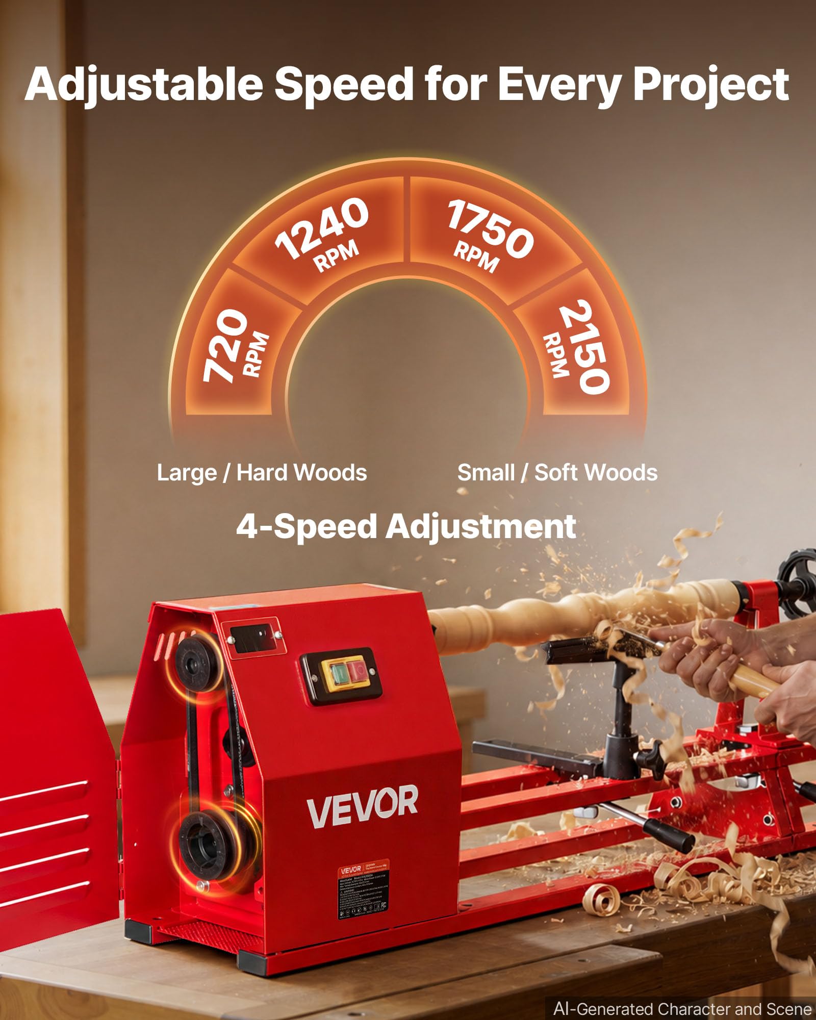 VEVOR Tornio per Legno da Banco 375 W 355 x 1016 mm 4 Velocità Regolabili