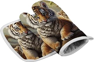 Jungle Tigers Cub Oven Mitts and Pot Holders Non-Slip Oven Gloves for Cooking Baking Kitchen Glove Sets Heat Resistant Pot Holders