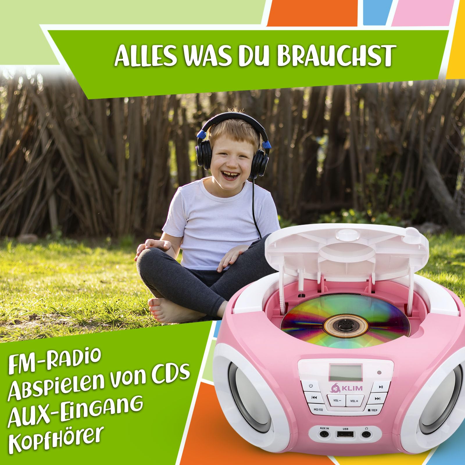 Candy Kids Boombox CD Player für Kinder mit UKW Radio und Lautsprechern | Mit fröhlicher Discofunktion inklusive Batterien und Netzkabel für Kleinkinder, Rose