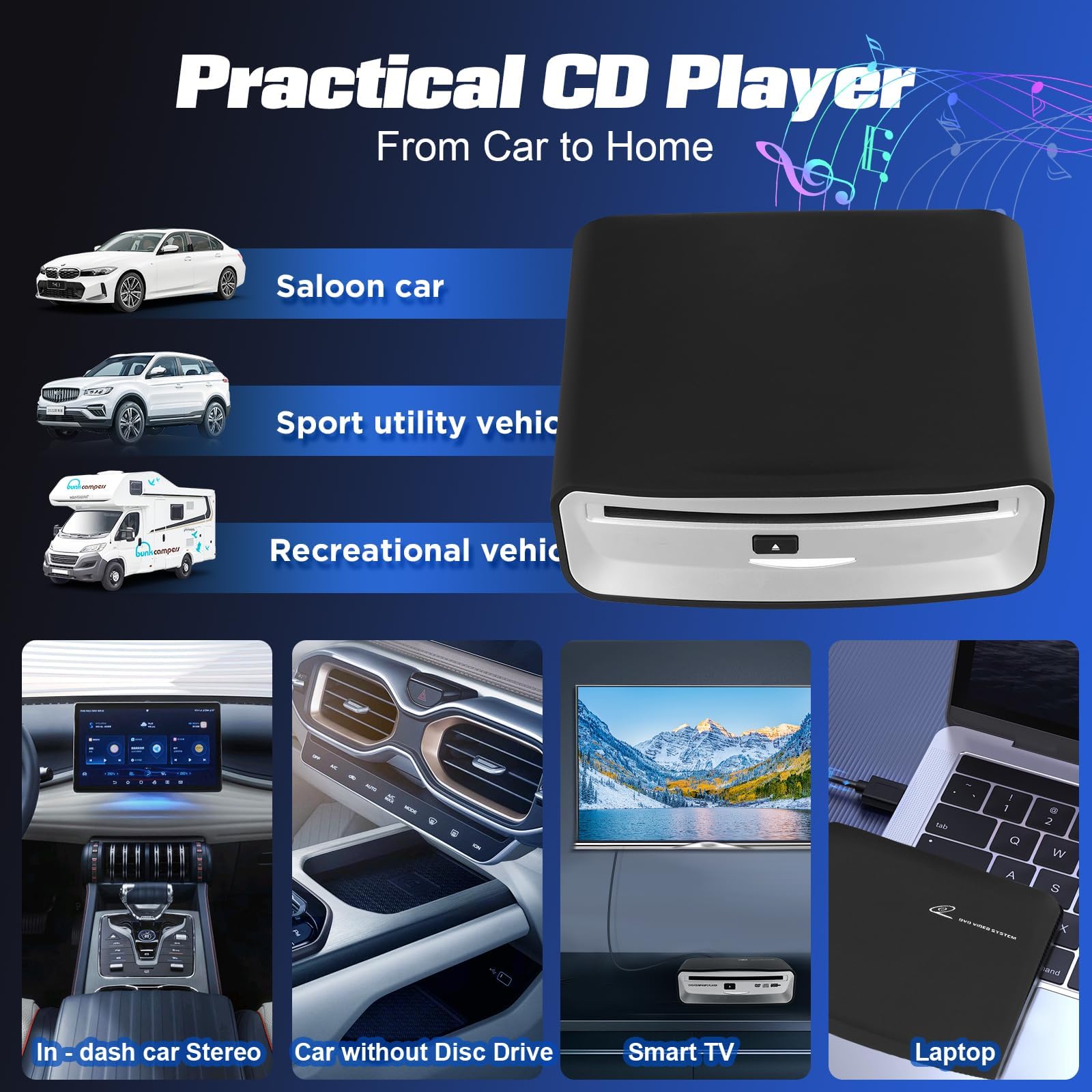 Lecteur CD DVD Externe USB pour Auto, Ordinateur, TV - Lecteur Optique Portable Plug & Play avec Connecteur USB 2.0 pour Autoradio, PC, Multimédia - Aucun Pilote Requis
