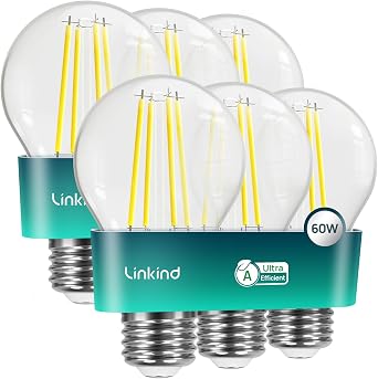 Linkind E27 LED Bulb, Energy Class A 3.8W=60W Equivalent, 2700K Warm White 806lm, Edison Screw in Light Bulb, Clear Glass Vintage Filament LED Bulb, 50000H Lifespan, 6 Pack [Energy Class A]