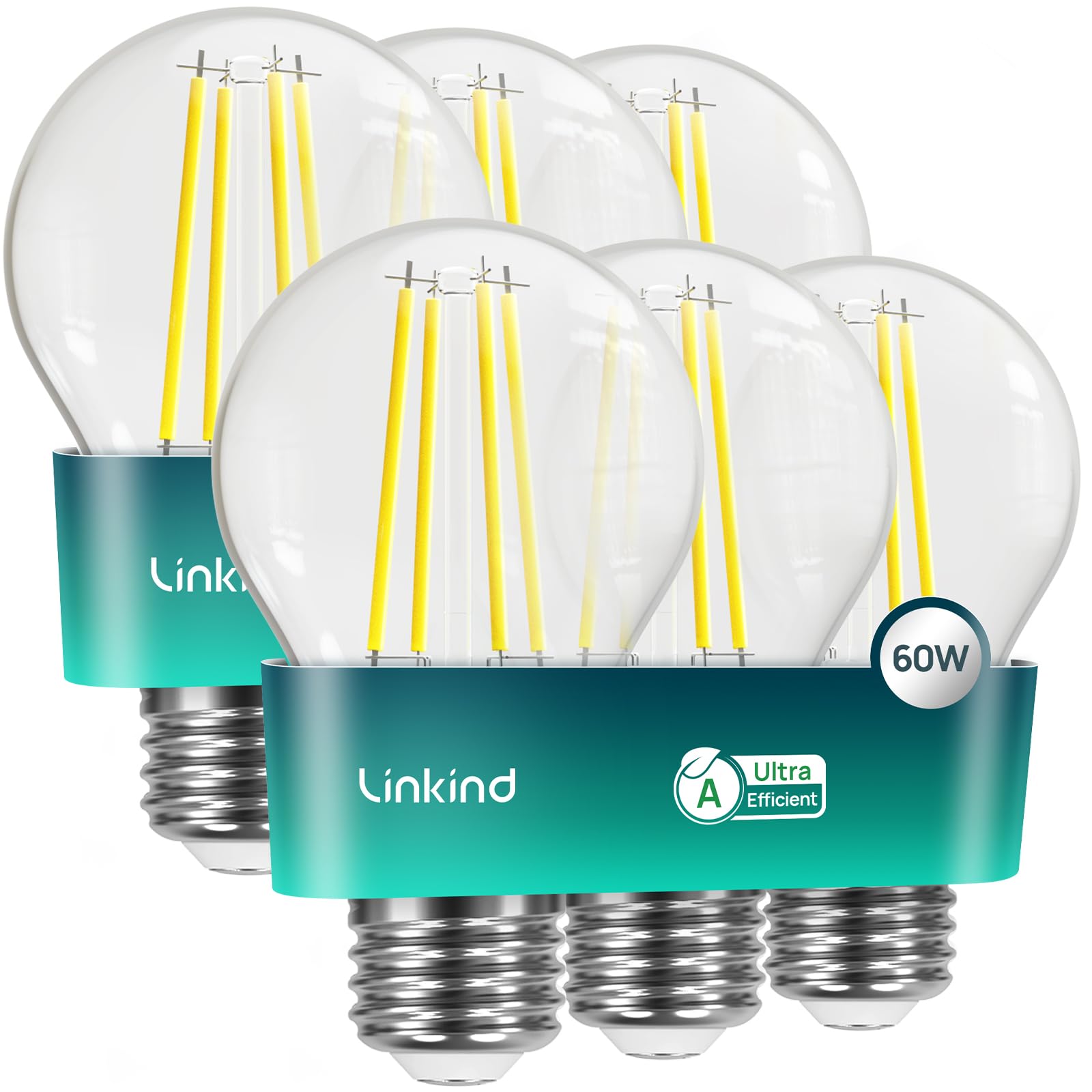 Linkind Ultraeffiziente E27 Lampe Vintage, 3,8W=60W, 2700K Warmweiß von Klasse-A, A60 Filament 806 Lm, 320°, Klar, 6 Stück