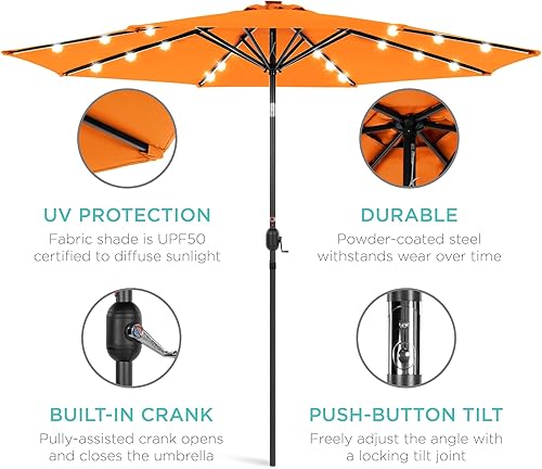 Vista 268 de Best Choice Products - Sombrilla solar de 7.5 pies para exteriores, patio, mesa, mercado, terraza, piscina con inclinación, manivela, luces LED