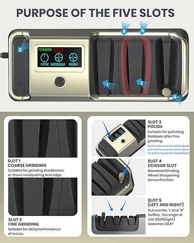 Miniatura 6 de Afilador de cuchillos eléctrico 5 en 1 con pantalla LCD, 3 velocidades de rotación ajustables, 100% abrasivos de diamante para cuchillos de carne