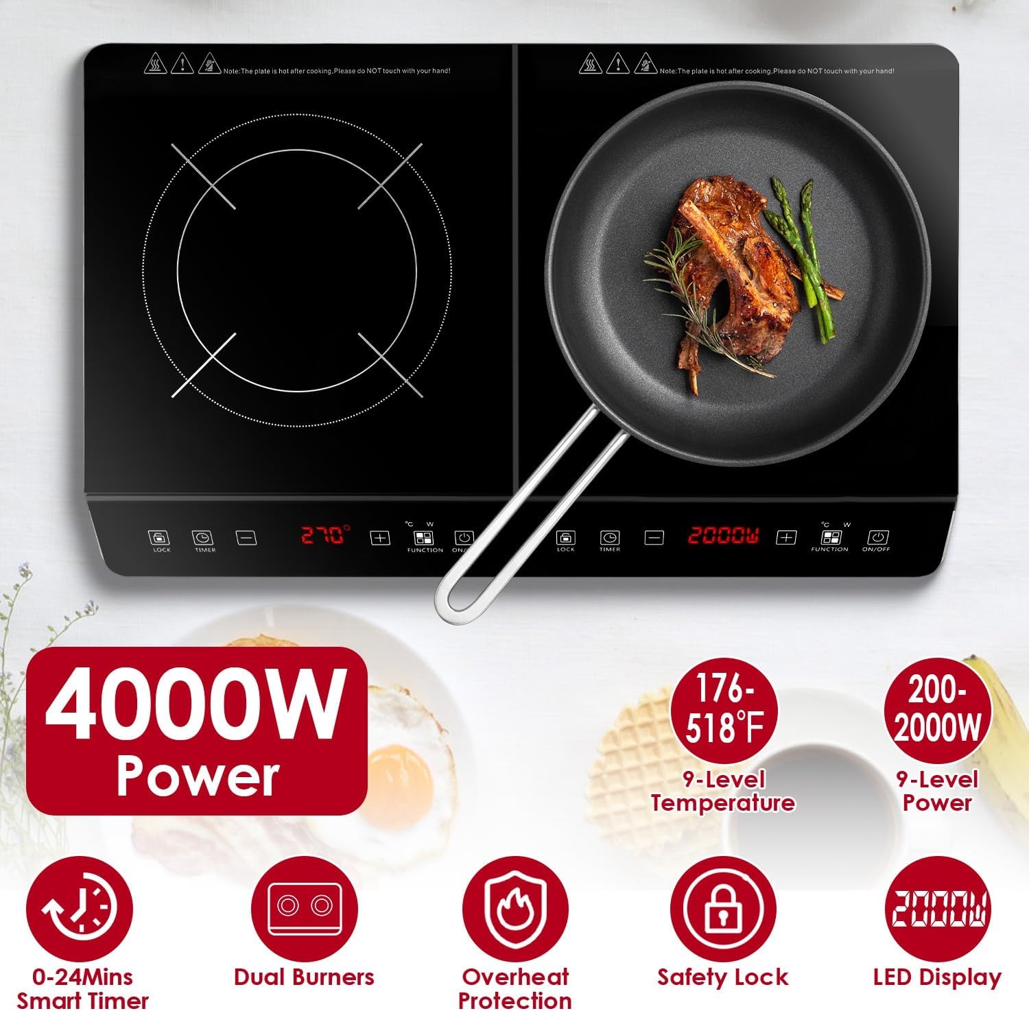 4000W Double Induction Cooktop Portable Electric Dual Burner Stove with 9 Power Levels, 9 Temperature Settings, 3H Timer, Touch Control Countertop Hot Plate for Fast Efficient Cooking
