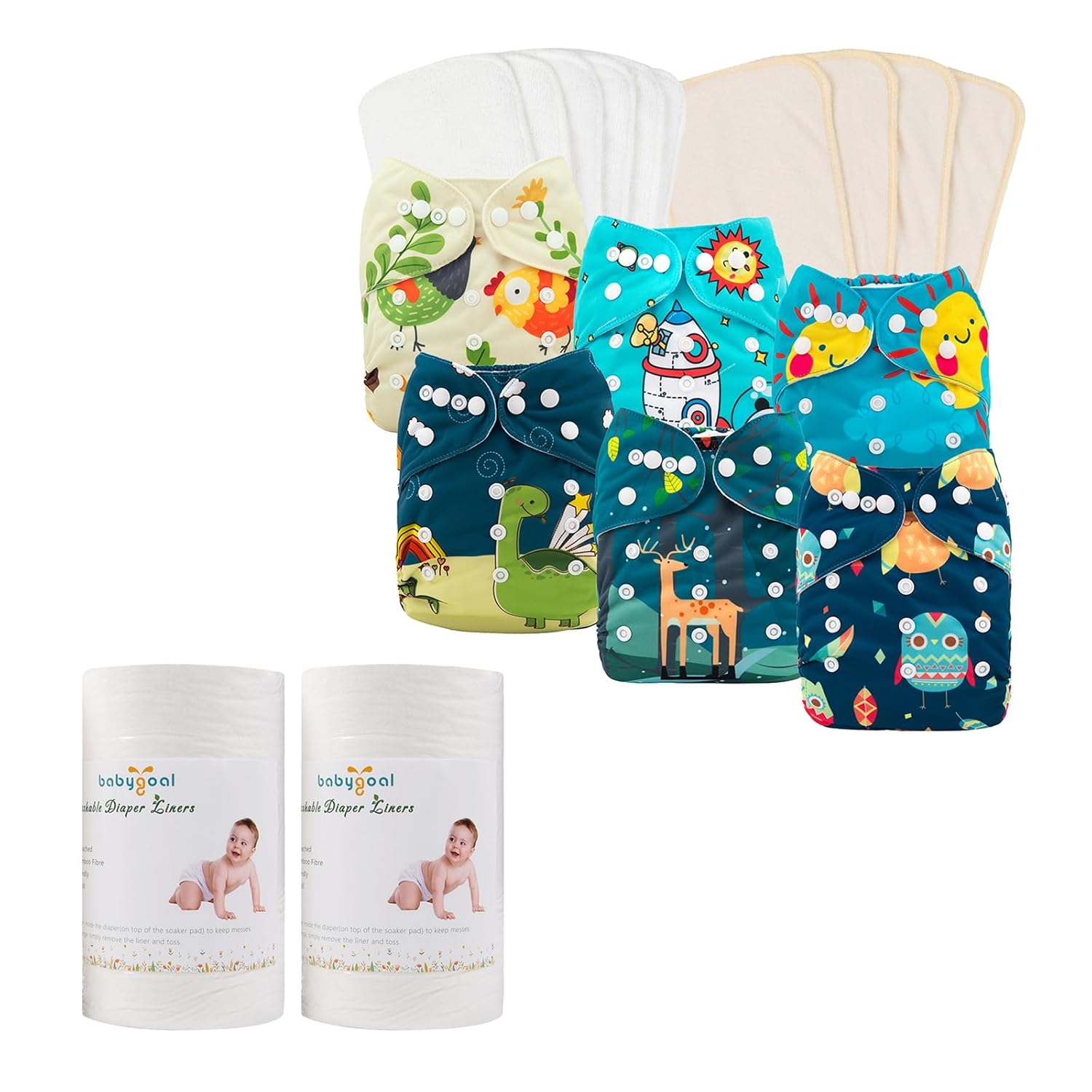 babygoal Reusable Cloth Diapers 6 Pack+10 Inserts+2 Pack Cloth Diaper Liners, One Size Adjustable Washable Pocket Nappy Covers for Baby Boys,Rash-Free